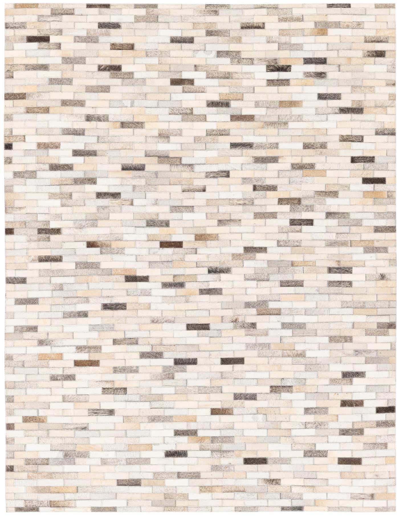 A rectangular 4x6 modern cowhide rug in a multi-colored patchwork pattern, featuring shades of white, beige, and brown.