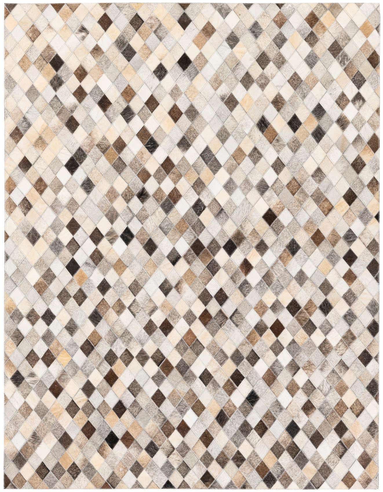 A 4x6 rectangular multi-colored cowhide rug with a diamond patchwork pattern in shades of brown, beige, cream, and gray.