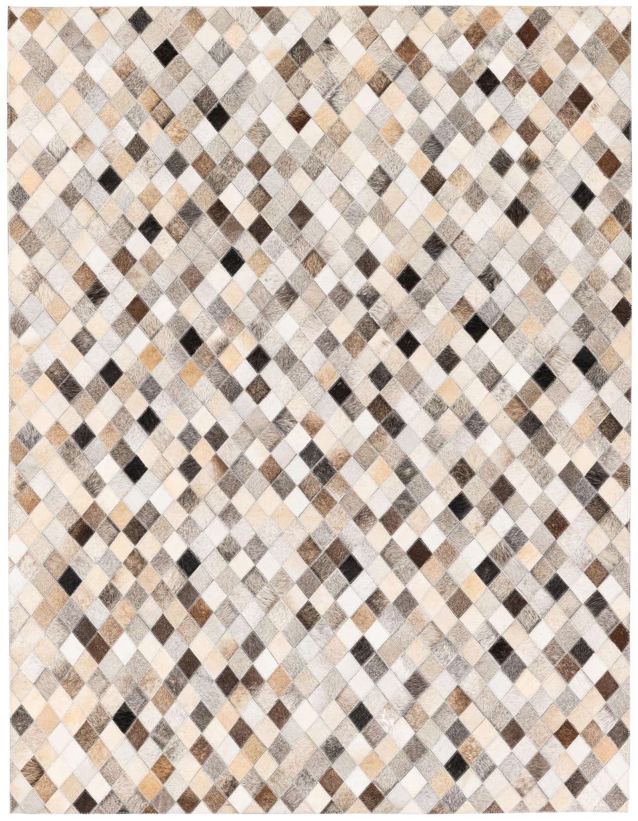 A 4x6 rectangular Cowhide Stocks rug featuring a modern patchwork of multi-colored diamond-shaped cowhide and leather pieces in various shades of brown, beige, cream, and black.