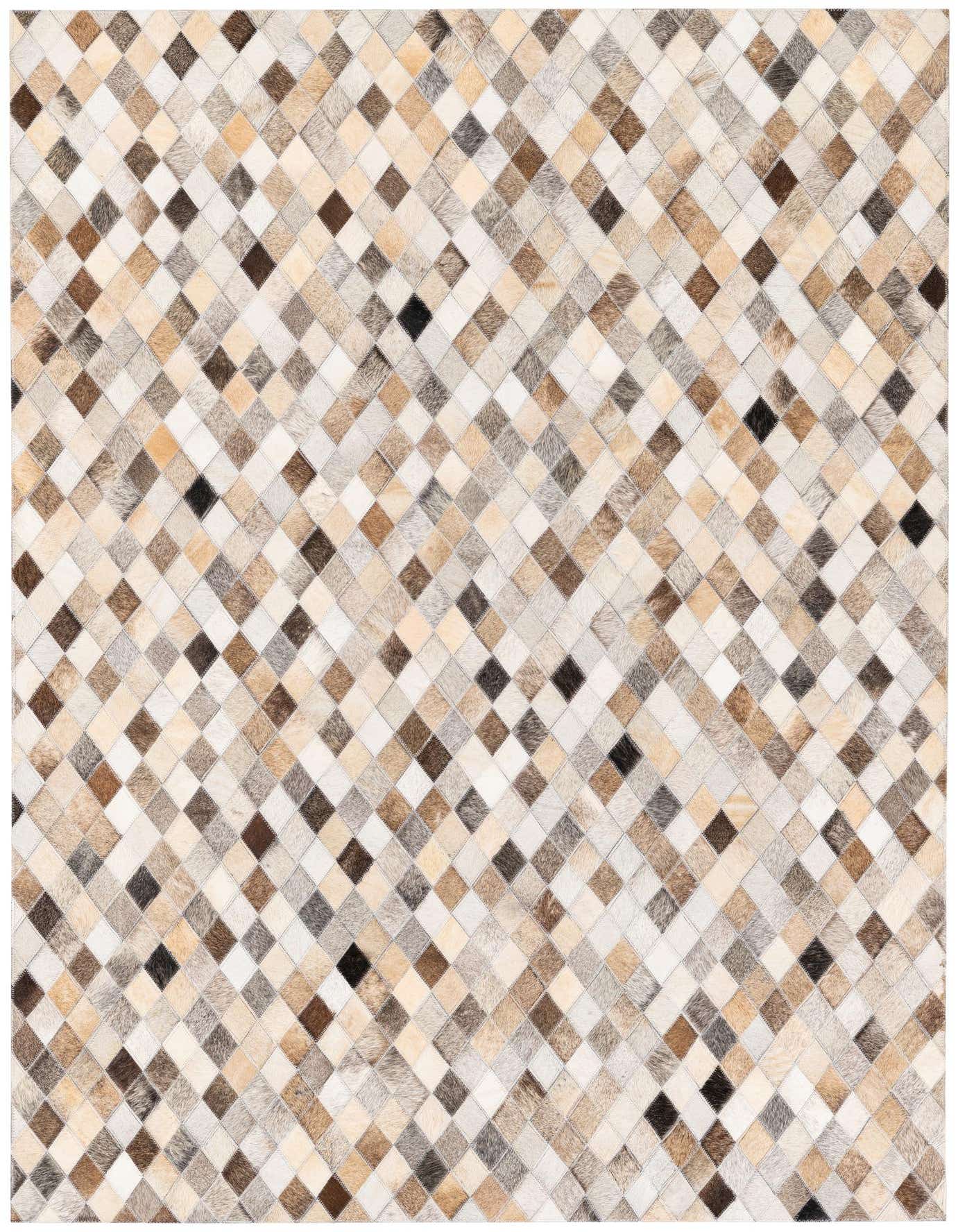 A 4x6 rectangular Cowhide Stocks rug featuring a modern diamond pattern in multi-colored natural cowhide and leather patches.