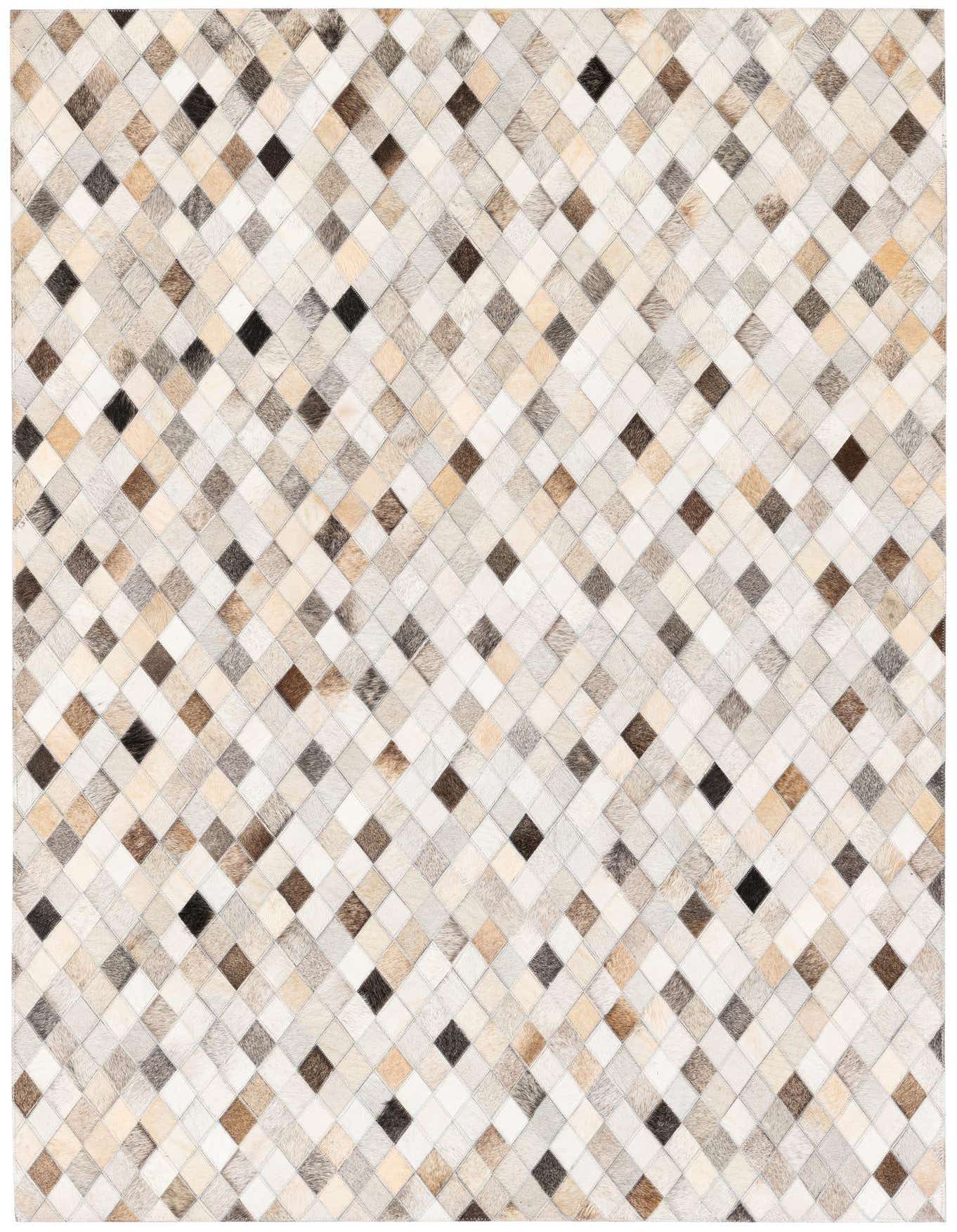A 4x6 rectangular Cowhide Stocks rug featuring a modern multi-colored diamond pattern in shades of brown, beige, and white.