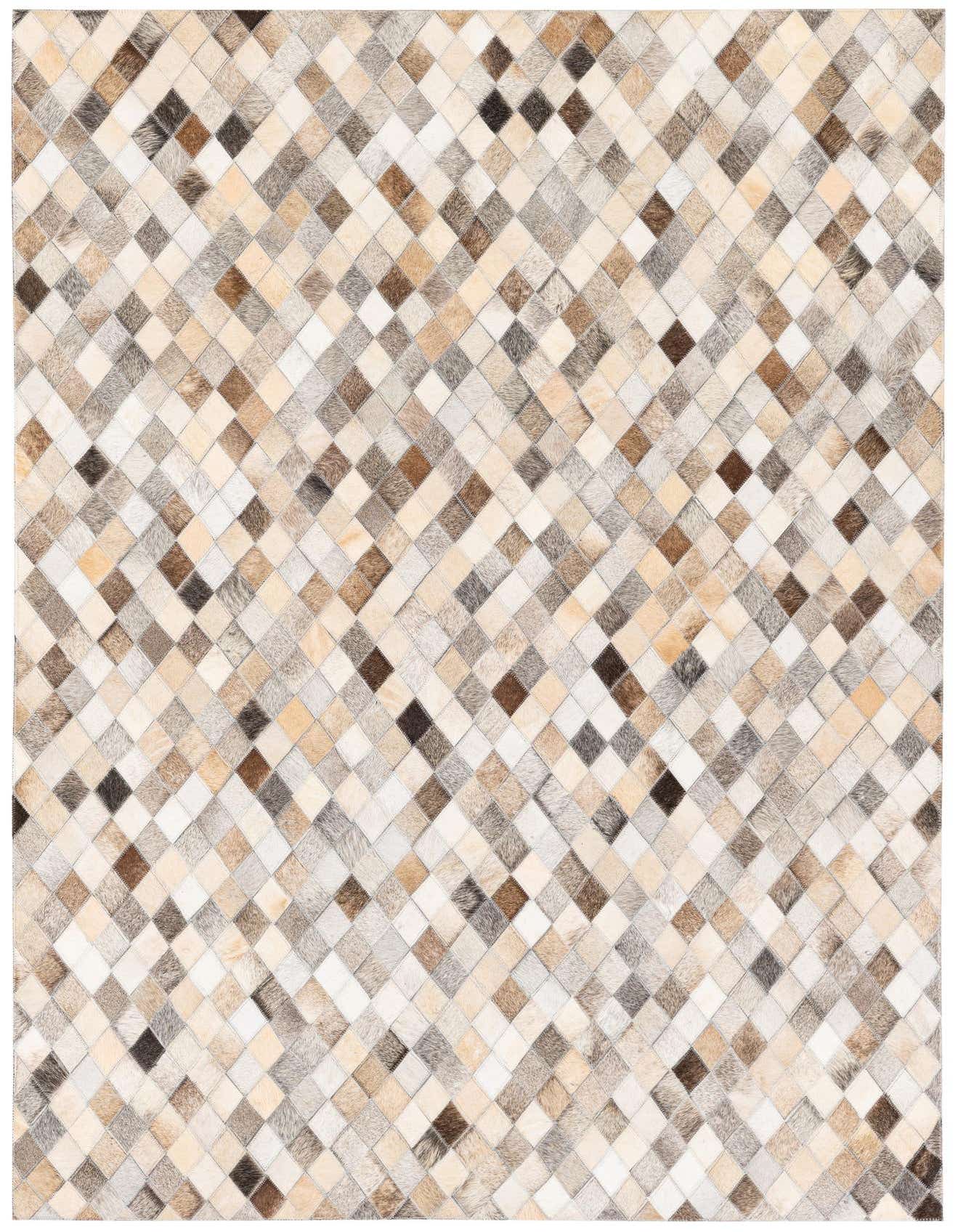 A 4x6 rectangular Cowhide Stocks rug featuring a modern diamond pattern in multi-colored natural cowhide and leather.