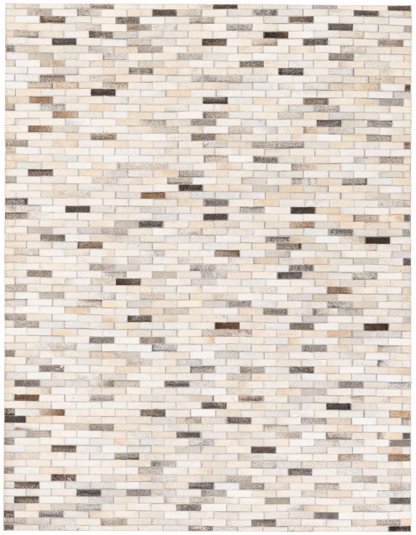 A 4x6 rectangular modern cowhide rug with a multi-colored brick pattern in shades of white, cream, beige, brown, and grey.
