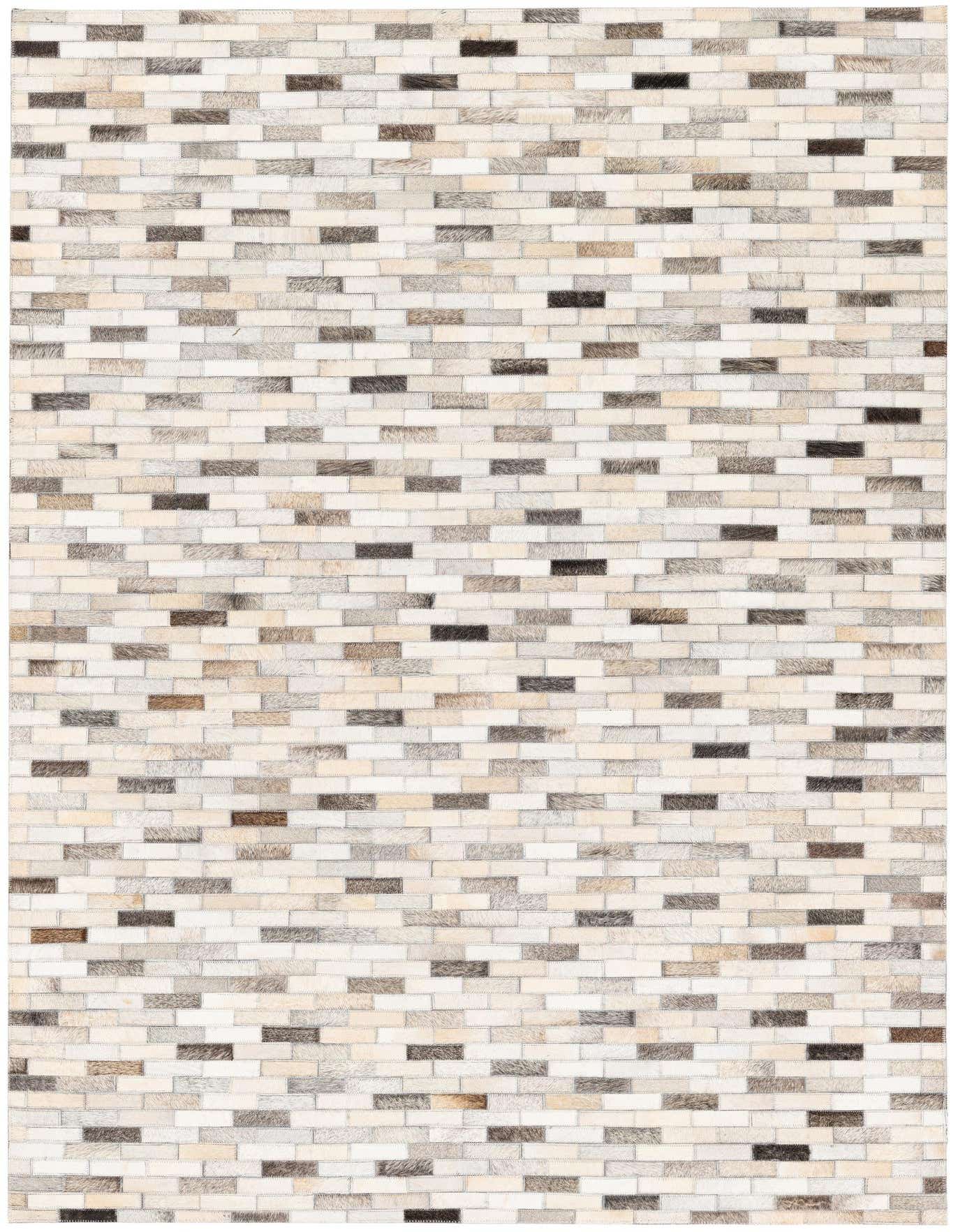 A rectangular 4x6 modern cowhide rug featuring a patchwork of multi-colored rectangular pieces in varying shades of white, cream, grey, and brown.