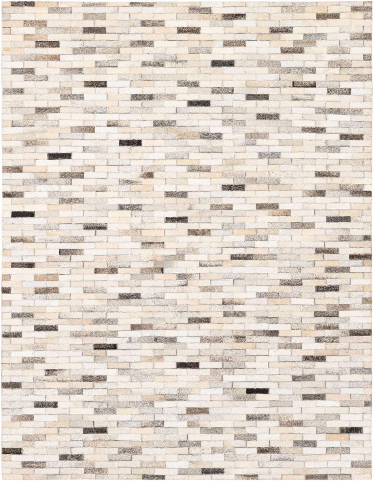 A 4x6 rectangular Cowhide Stocks rug featuring a modern stripe pattern in multi-colored patches of natural cowhide and leather.