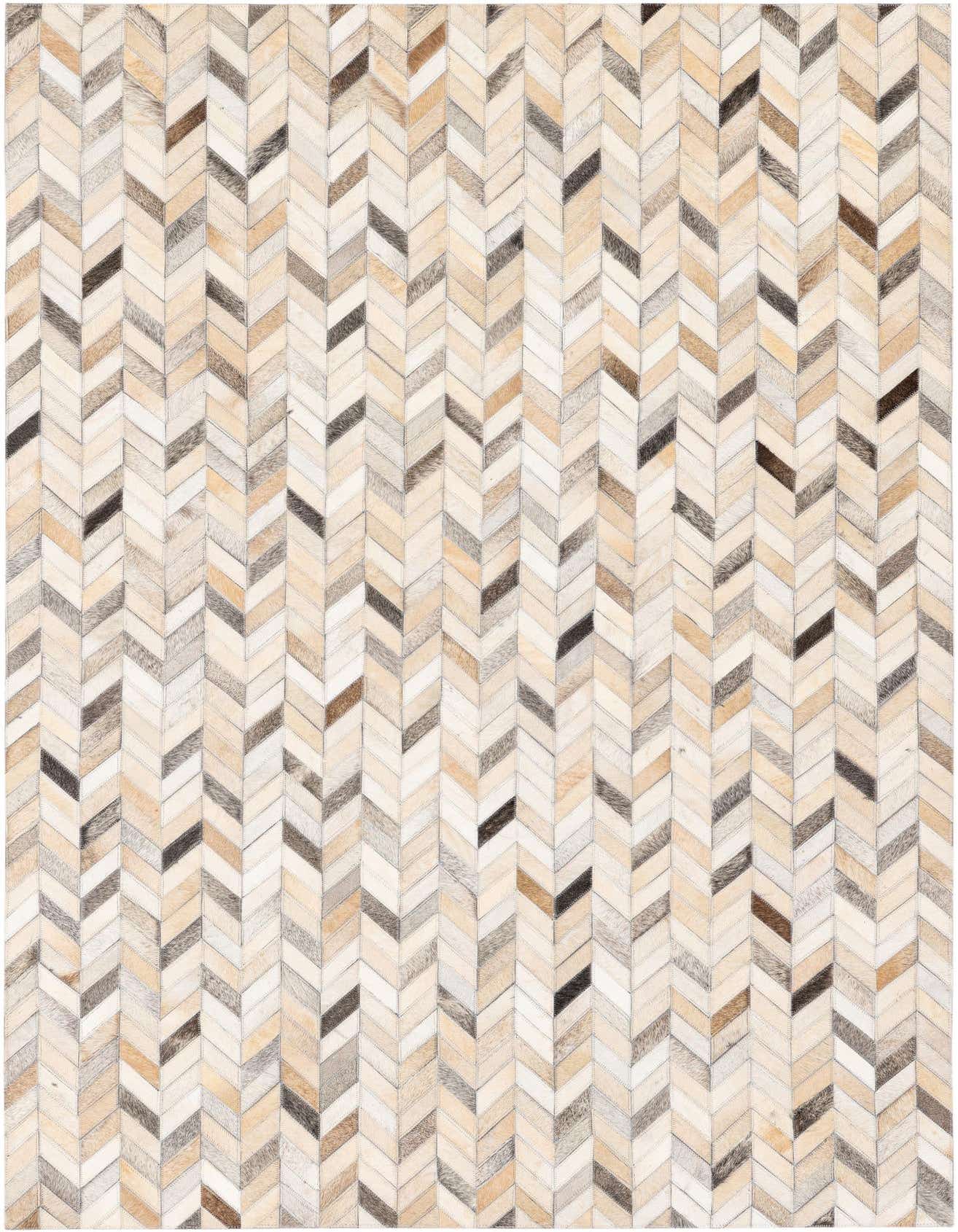 A rectangular 4x6 modern cowhide rug with a multi-colored chevron pattern in shades of beige, brown, and off-white.