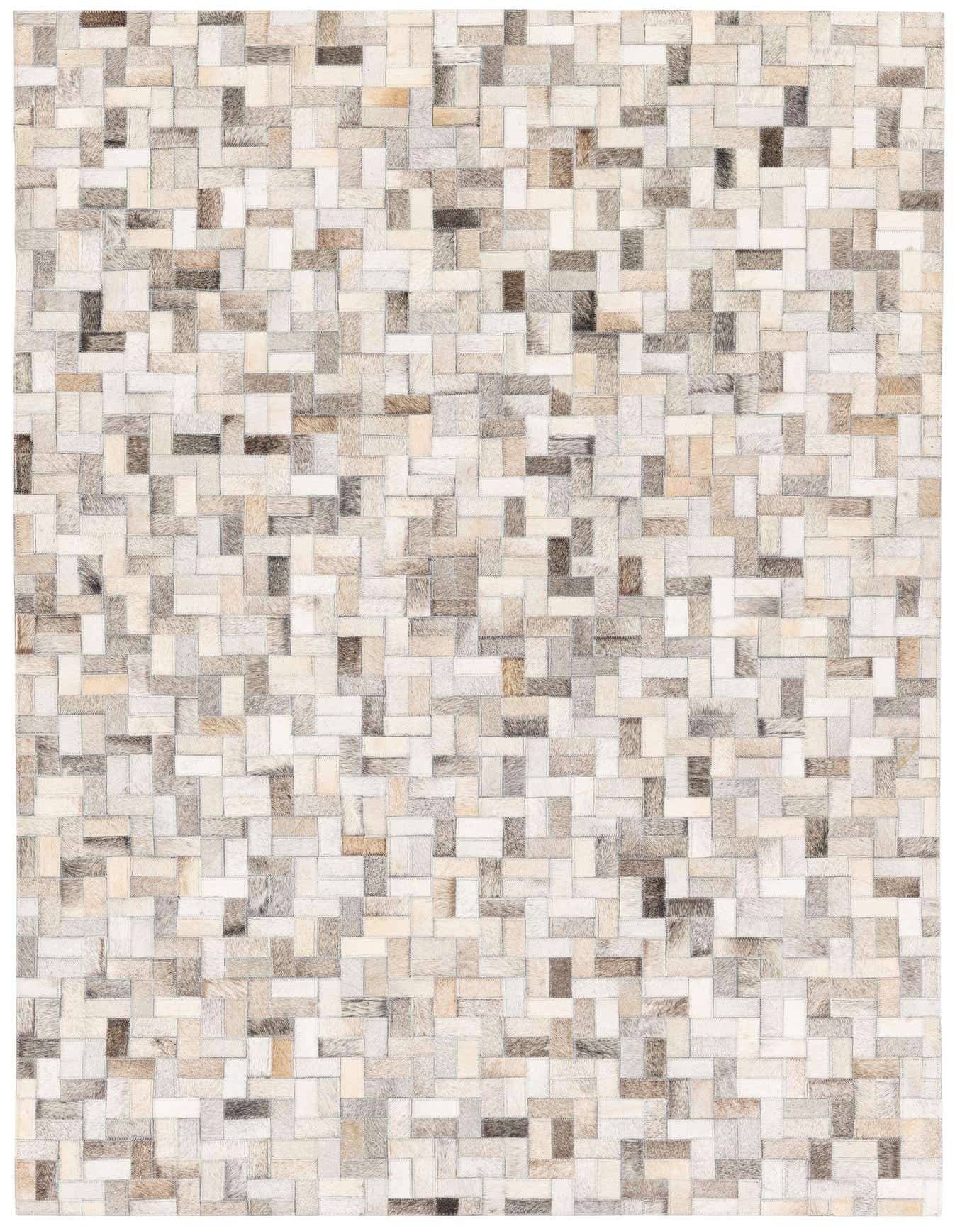 A 4x6 rectangular Cowhide Stocks rug from Rugs.com featuring a modern patchwork of multi-colored cowhide and leather rectangles.