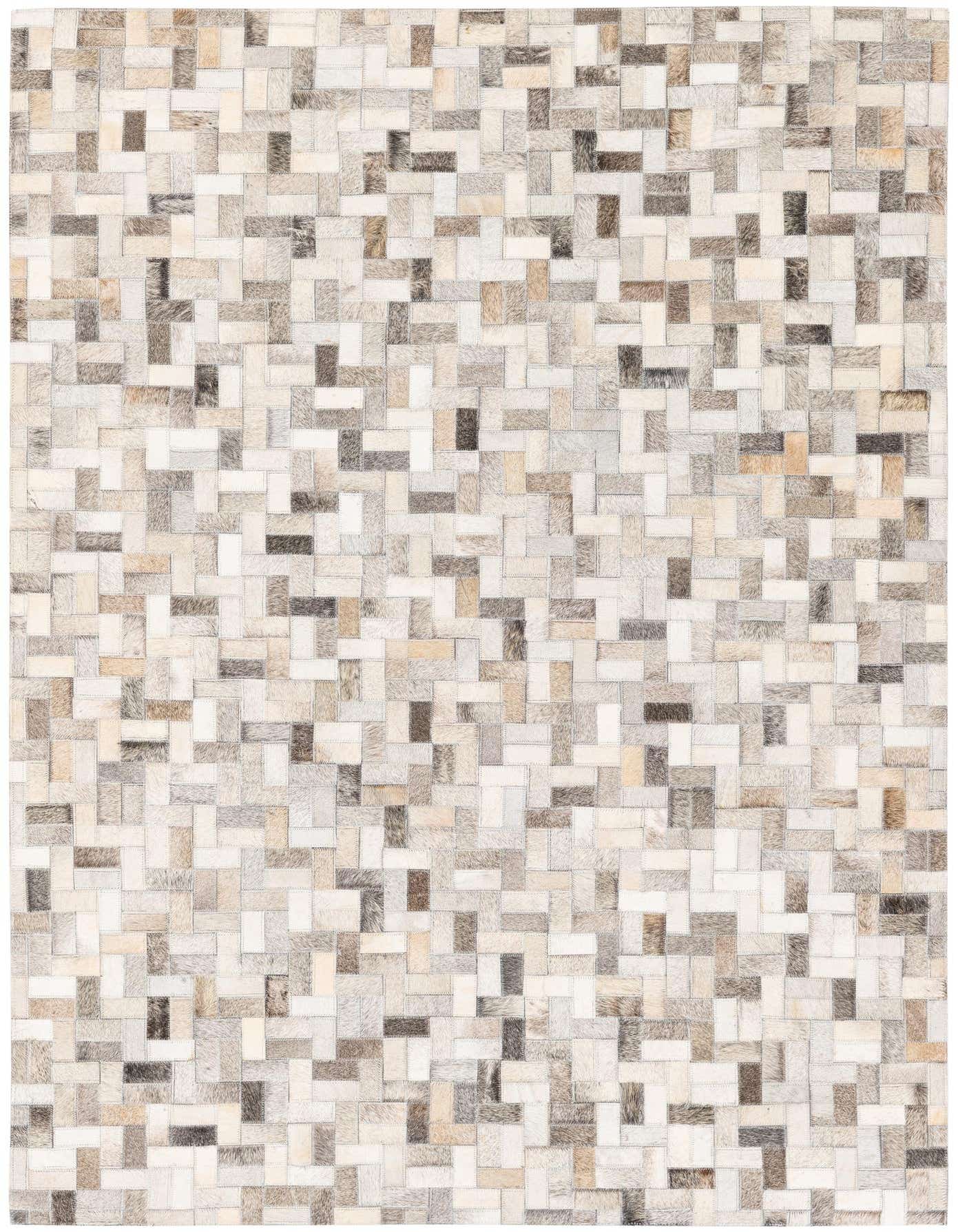 A 4x6 rectangular Cowhide Stocks rug by Rugs.com, featuring a modern patchwork of multi-colored cowhide and leather rectangles in varying shades of brown, grey, and cream.