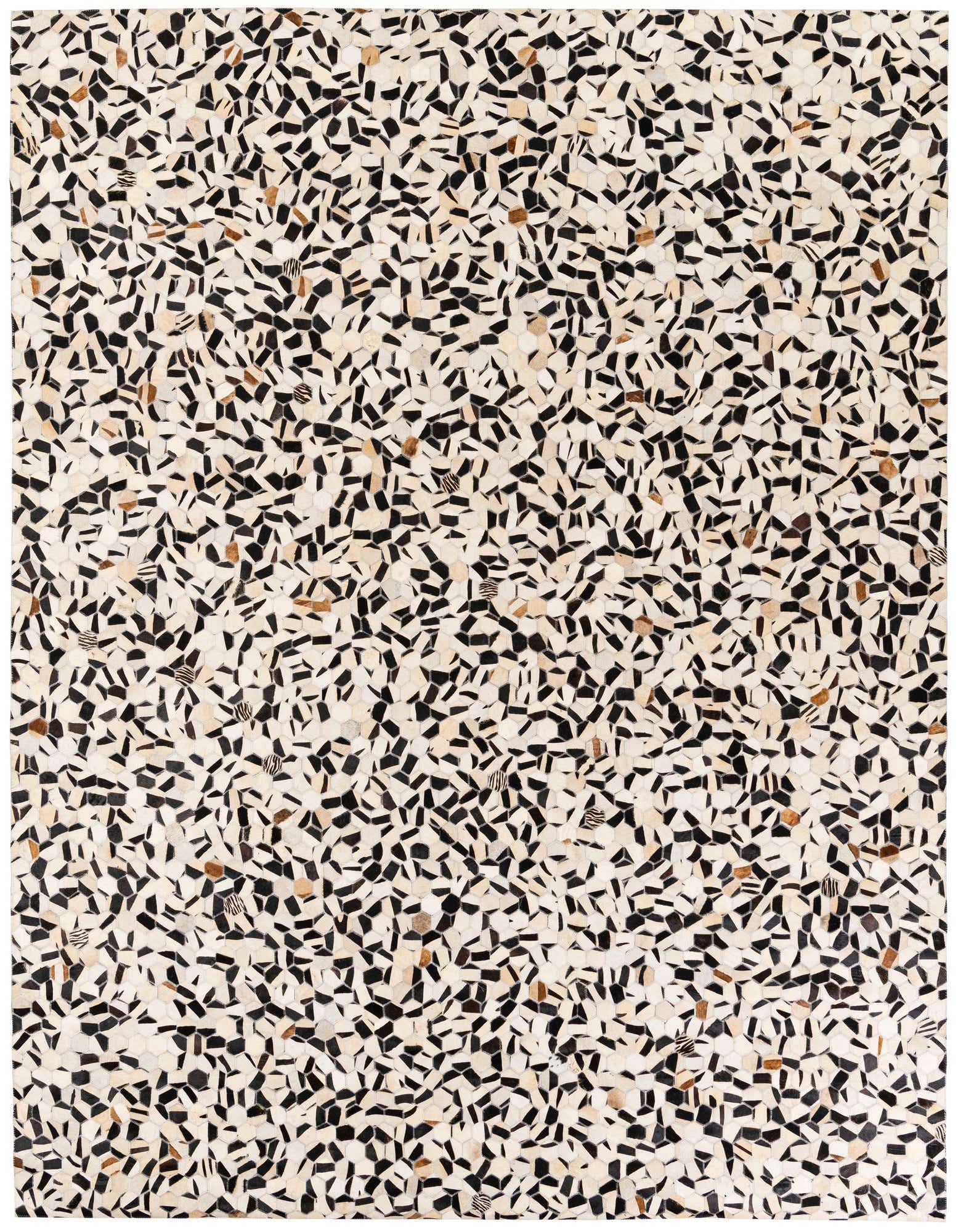 A rectangular 8x10 multi-colored modern cowhide rug with a mosaic pattern of black, white, and brown pieces.