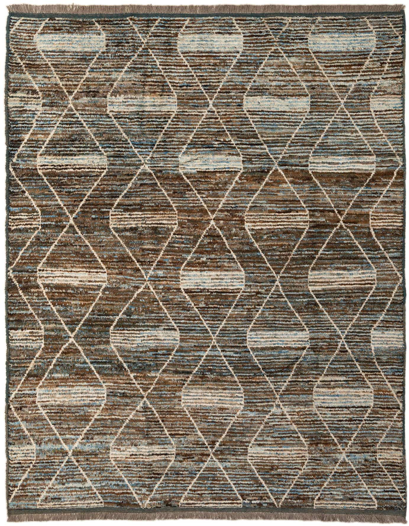 A 6x9 rectangular multi-colored wool rug with a modern geometric diamond pattern, featuring shades of brown, blue, and cream.