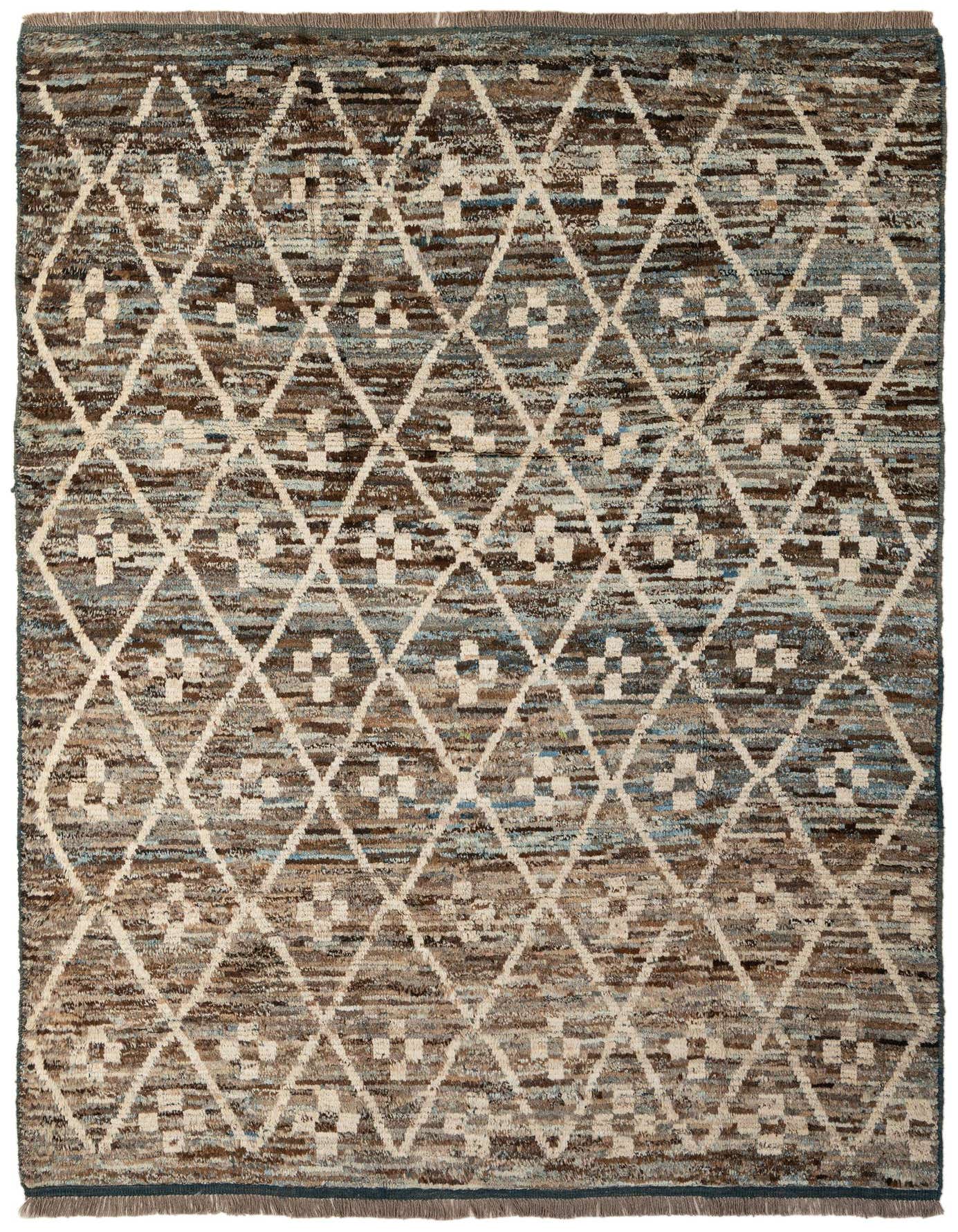 A 7x10 rectangular Darya rug with a modern multi-colored diamond pattern in shades of brown, beige, and blue.