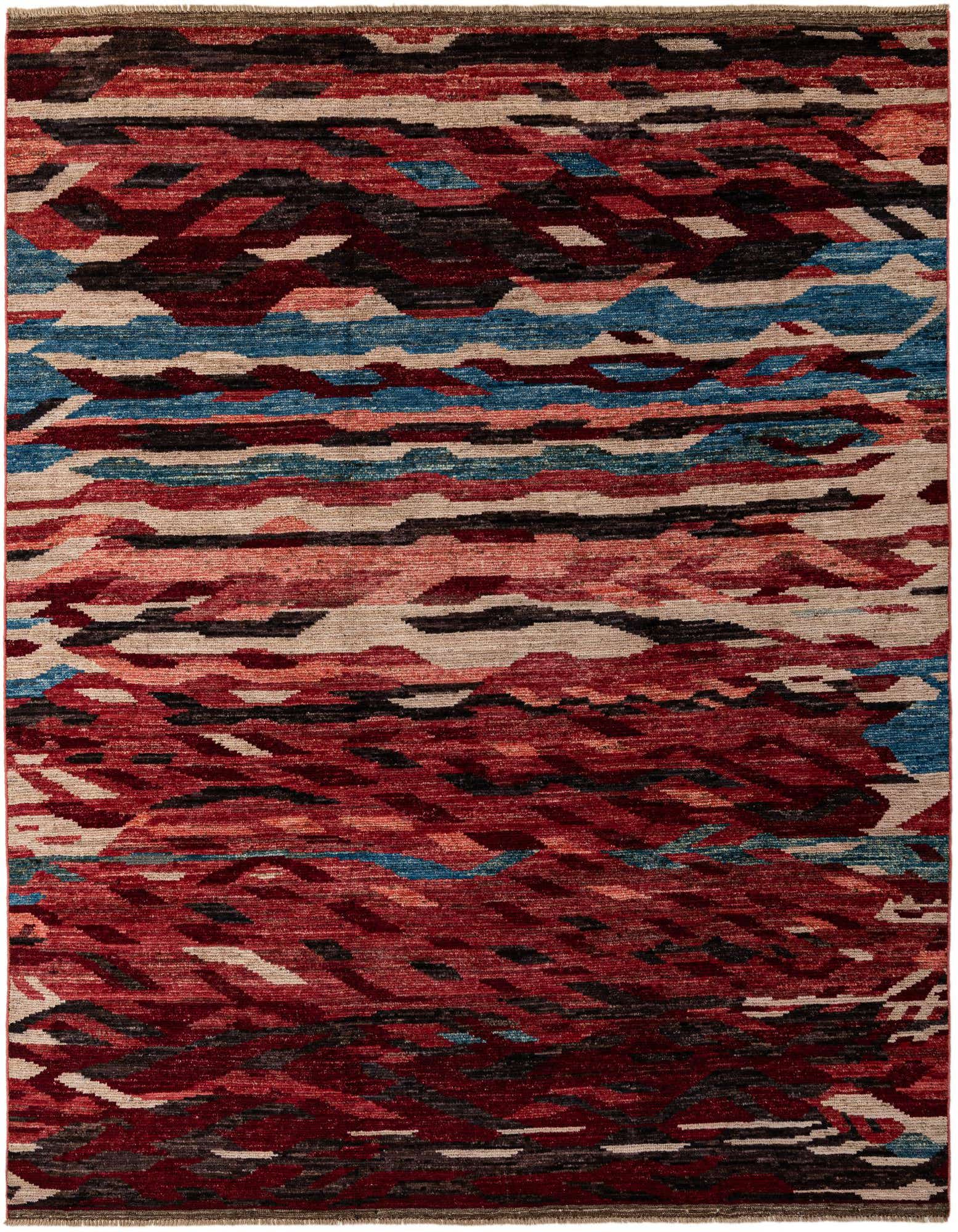 A rectangular 8x10 Darya Collection rug with a modern abstract pattern in multi-colored hues including red, blue, and beige.