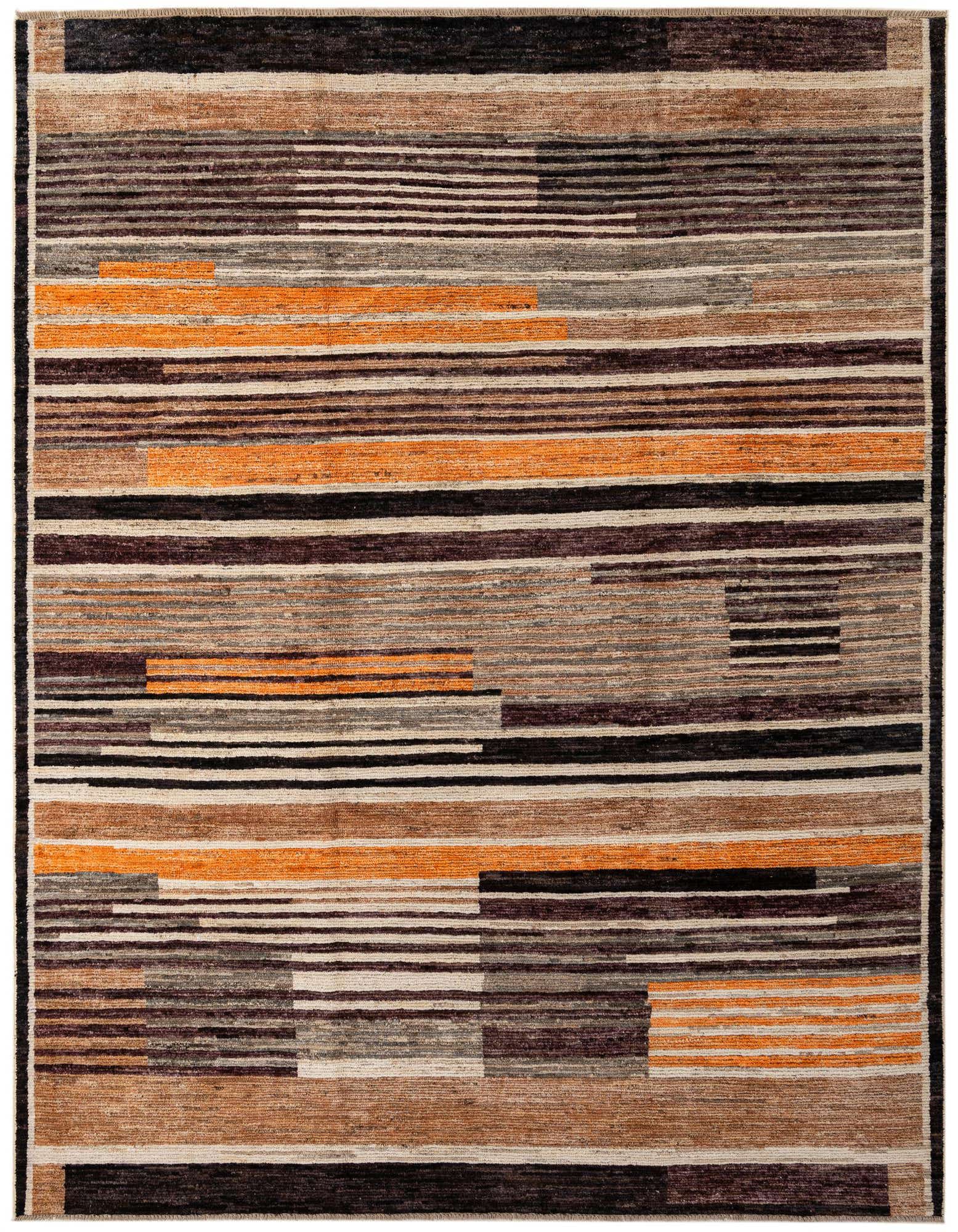 A rectangular 8x10 Darya wool rug featuring a modern stripe pattern in multi-colored hues including orange, brown, black, and beige.