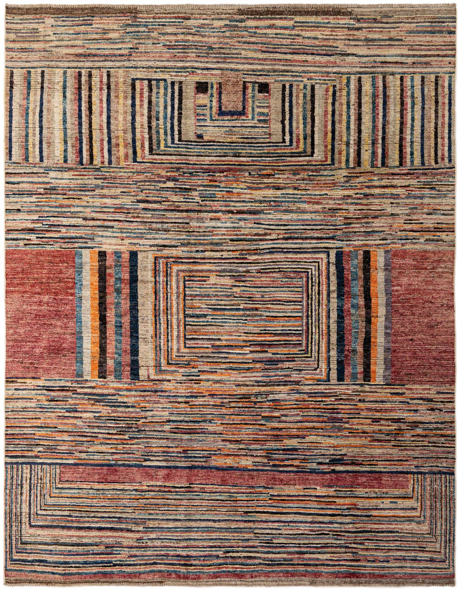 A rectangular 8x10 Darya wool rug with a modern stripe pattern in multi-colored hues, featuring horizontal and vertical lines and geometric blocks.