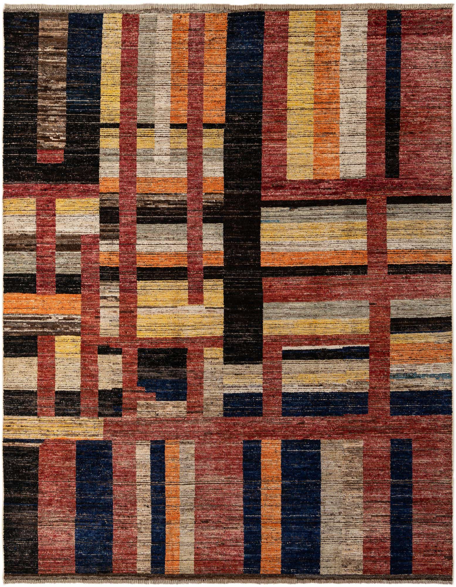 A rectangular 8x10 multi-colored modern wool rug with a vibrant abstract geometric pattern of intersecting stripes and blocks.