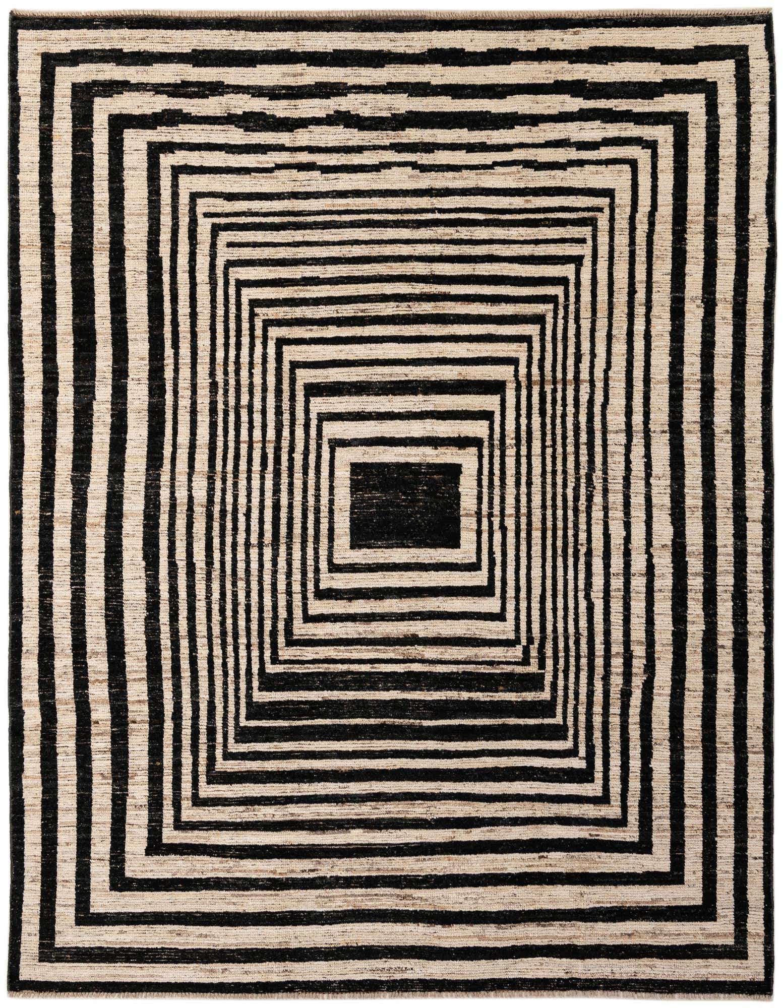 A rectangular 8x10 Darya rug with a bold black and off-white modern geometric pattern of concentric squares.