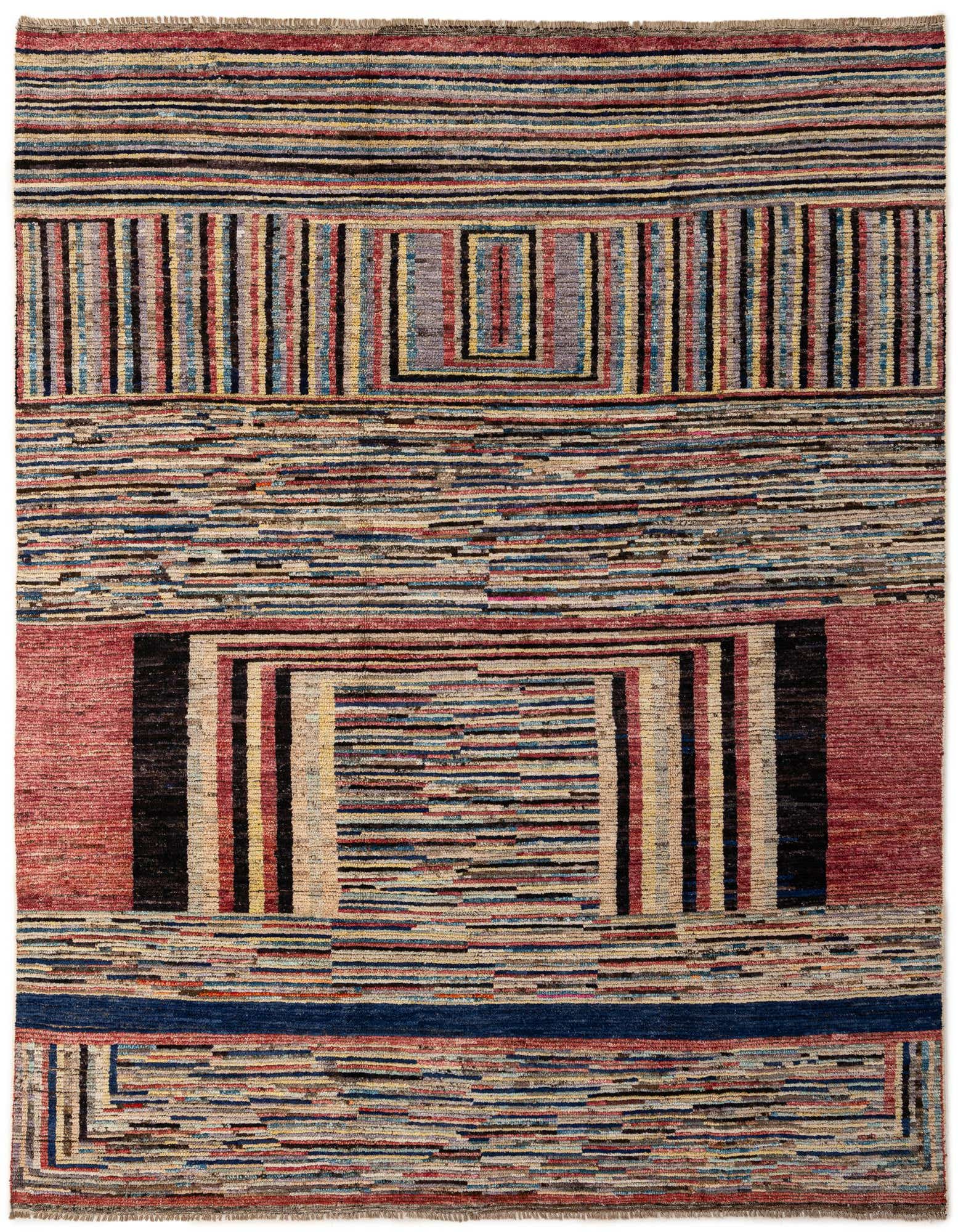 A rectangular 8x10 Darya rug in multi-colored wool, featuring a modern stripe pattern with horizontal and vertical bands.
