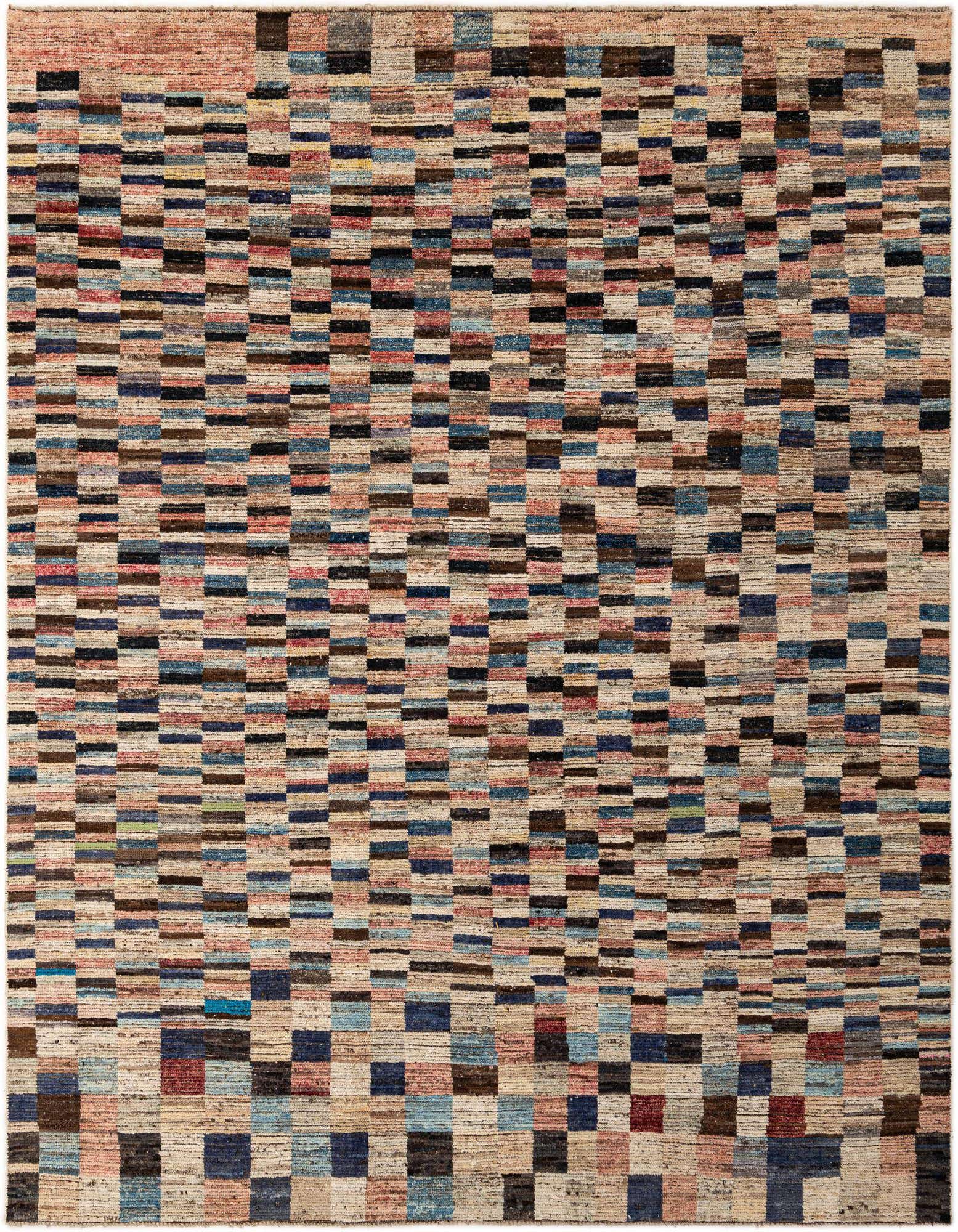 A rectangular 8x10 Darya wool rug featuring a modern, multi-colored block pattern with various shades of blue, red, brown, and black on a natural background.