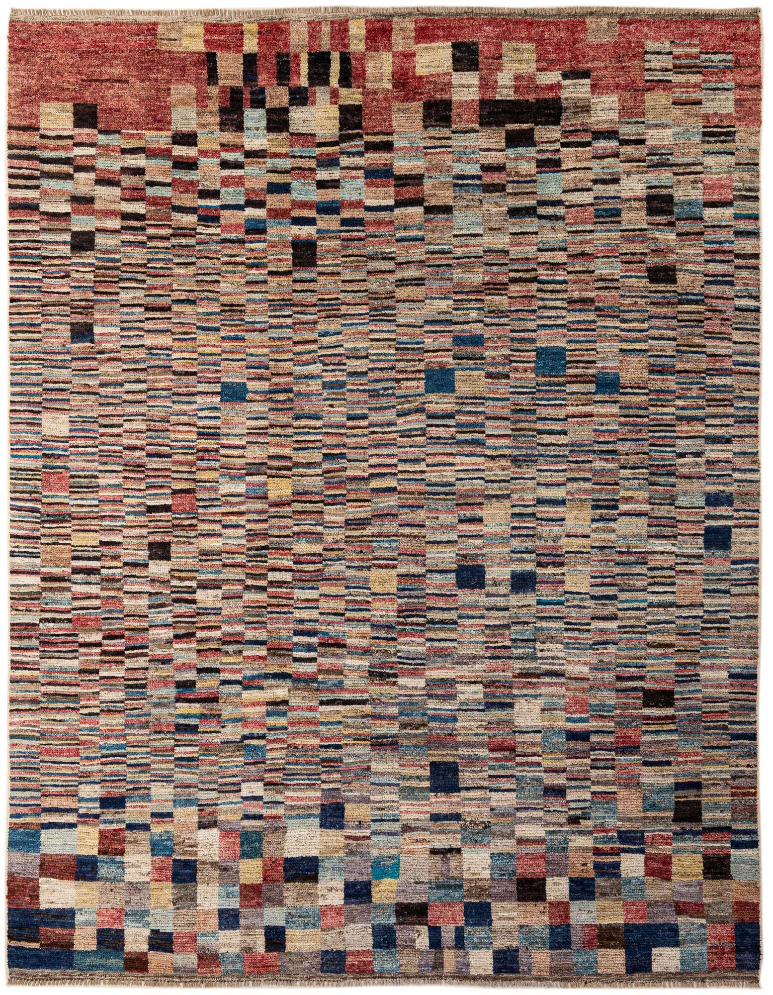 A rectangular 8x10 Darya rug with a modern stripe pattern in multi-colored wool, featuring a mix of reds, blues, yellows, and neutrals.