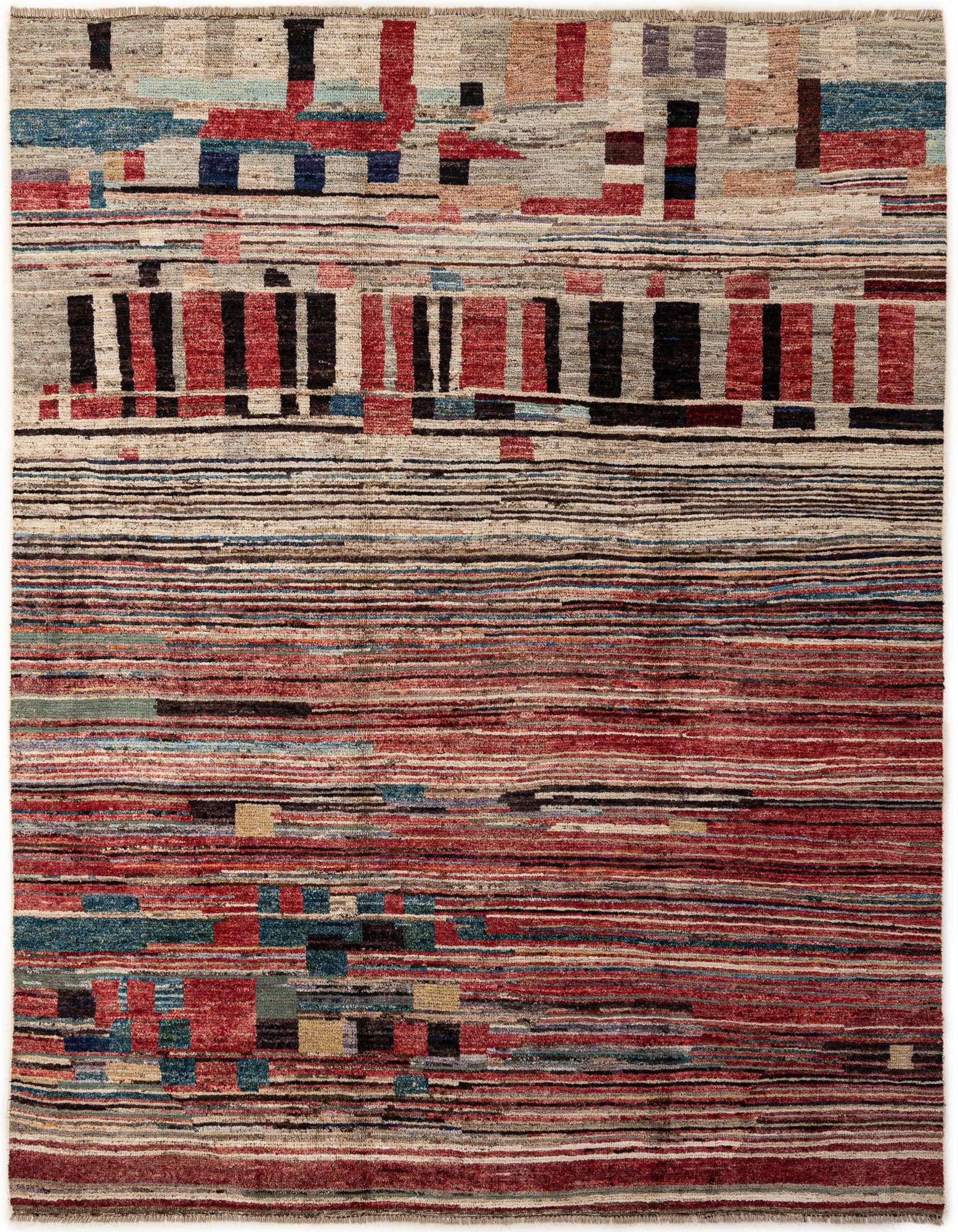 A rectangular 8x10 Darya wool rug featuring a modern, multi-colored stripe pattern with red, blue, and black accents.
