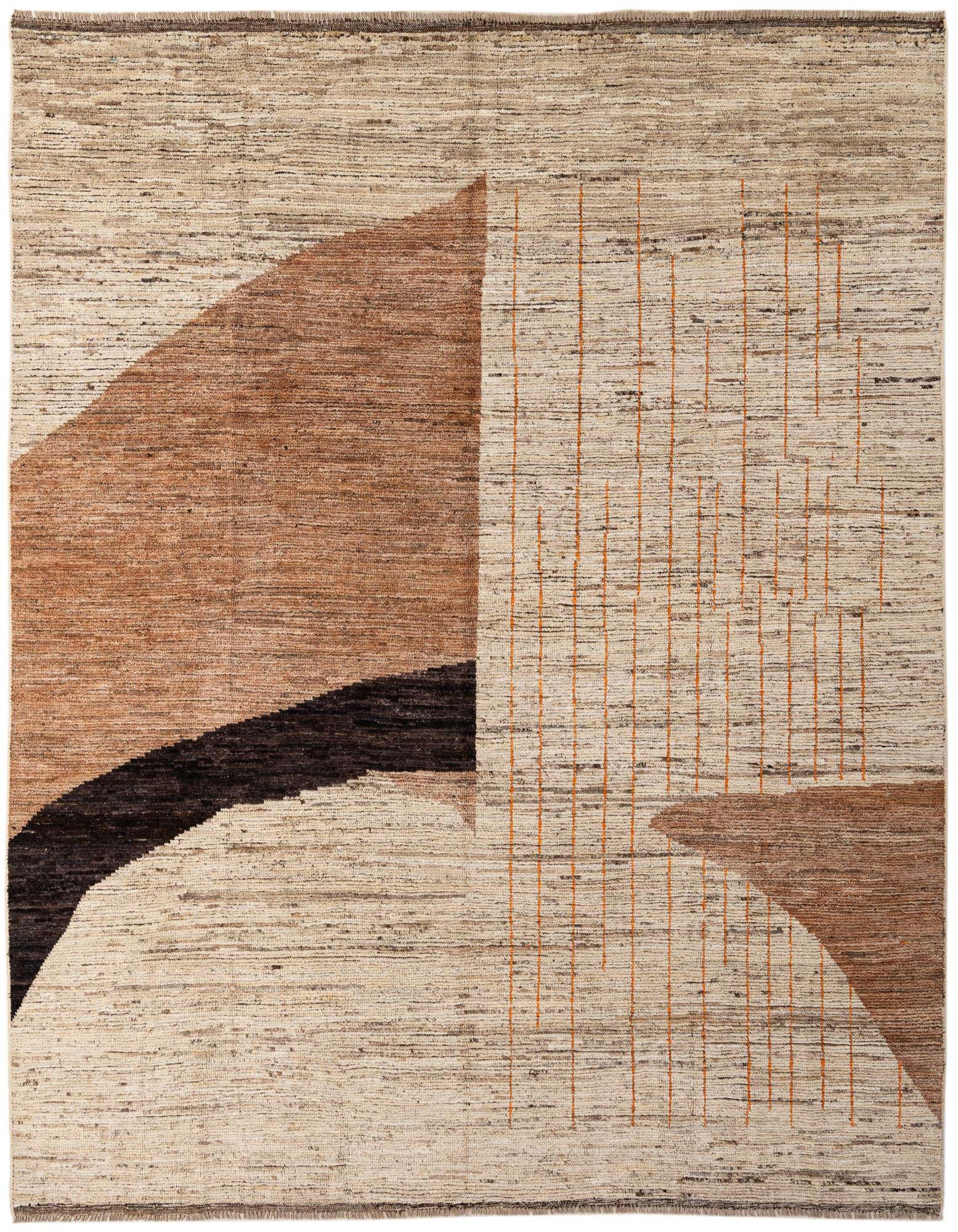 A modern 8x10 rectangular wool rug featuring a multi-colored abstract design with brown, black, and beige tones.