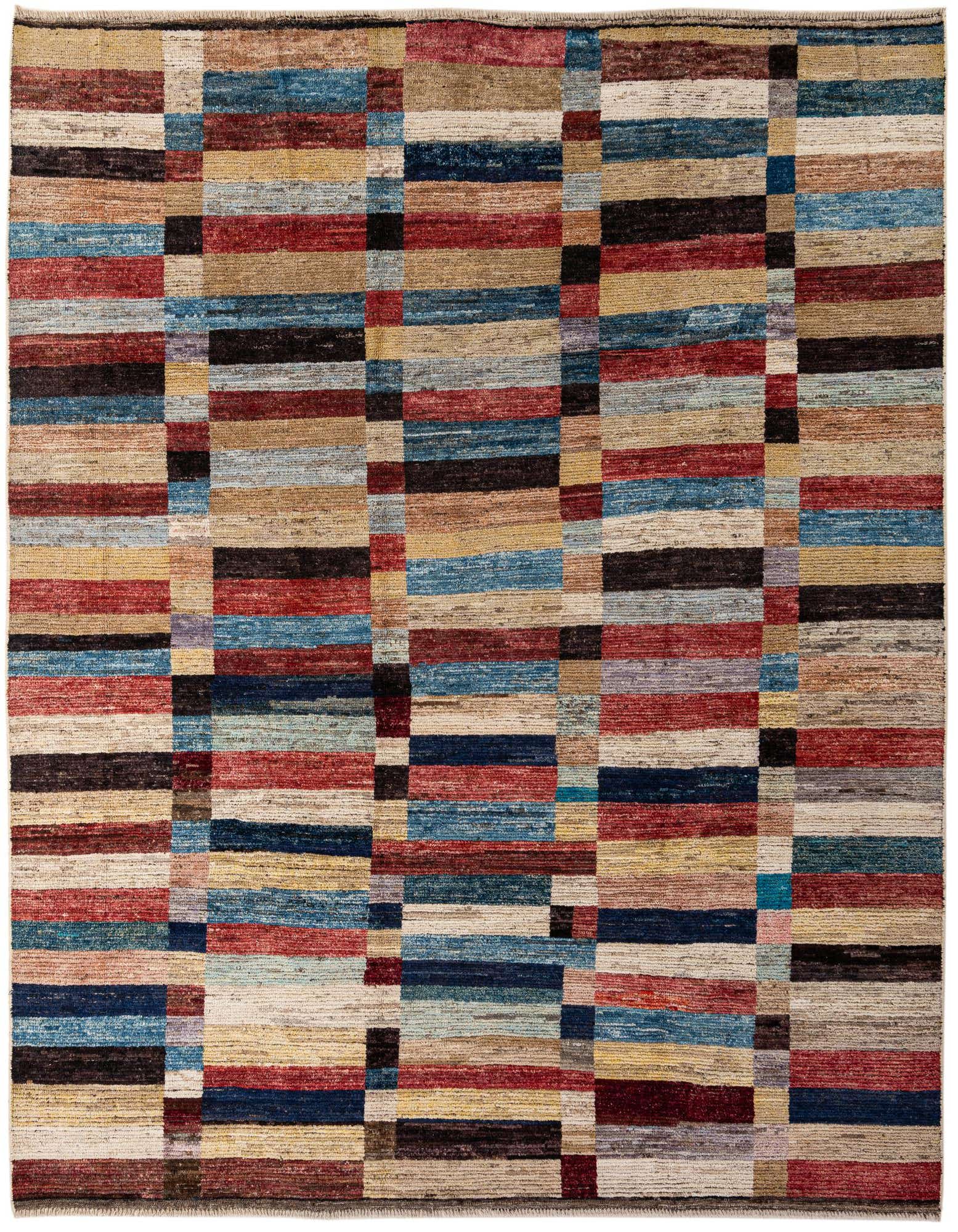A rectangular 8x10 multi-colored wool rug with a modern stripe pattern, featuring horizontal blocks of red, blue, beige, and black.