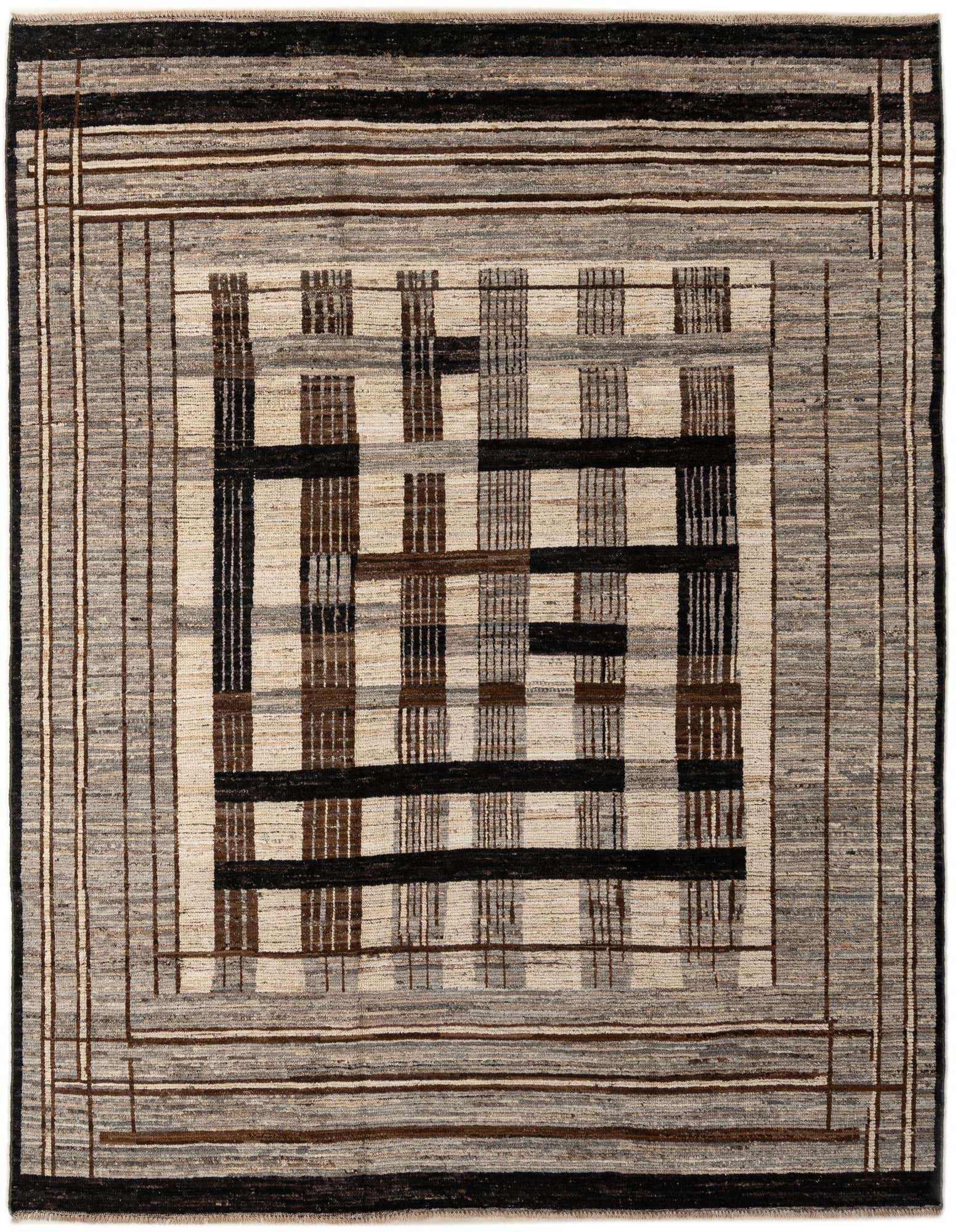 An 8x10 rectangular Darya wool rug featuring a modern multi-colored plaid pattern in shades of black, brown, and beige.
