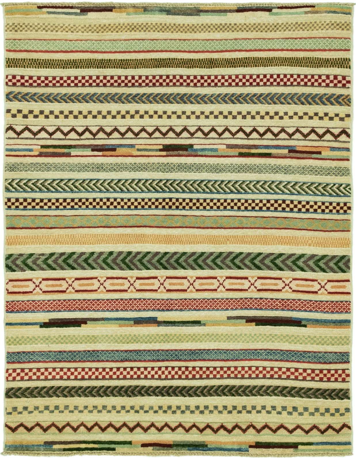 A rectangular 3x5 Darya rug featuring multi-colored stripes with Southwestern and tribal patterns on a high pile.