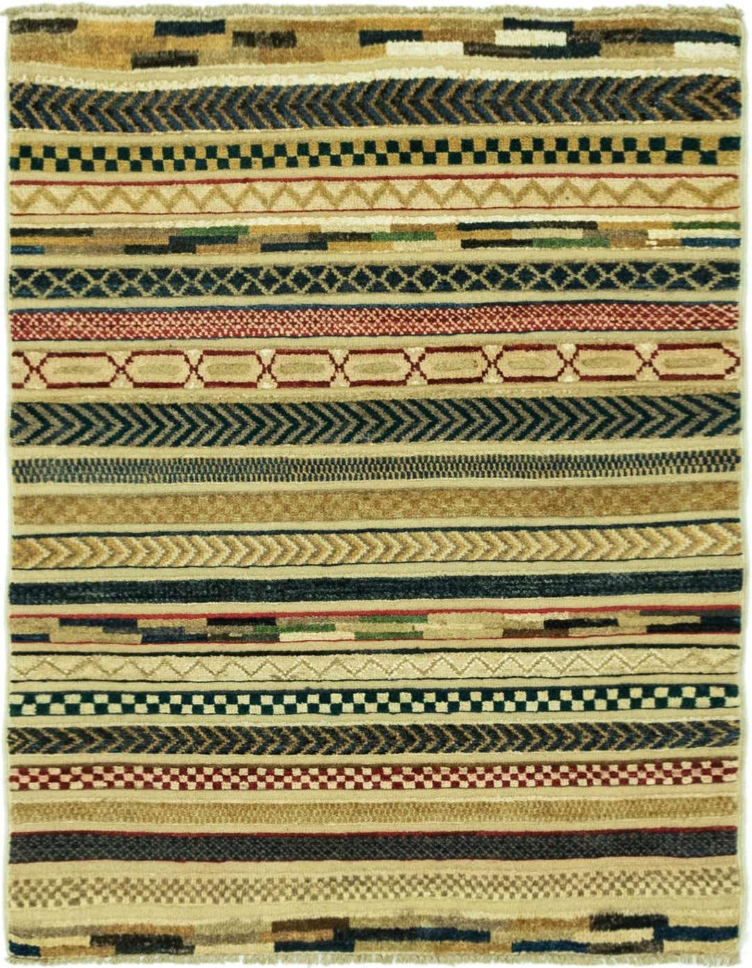 A rectangular 3x4 multi-colored Southwestern rug with horizontal stripes of various tribal patterns, including chevrons, diamonds, and checkerboards, in shades of beige, brown, red, and blue.
