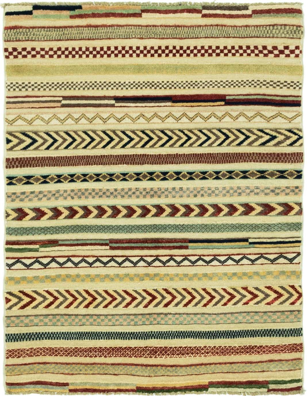 A 3x4 rectangular Darya rug featuring multi-colored Southwestern and tribal stripes with various geometric patterns.