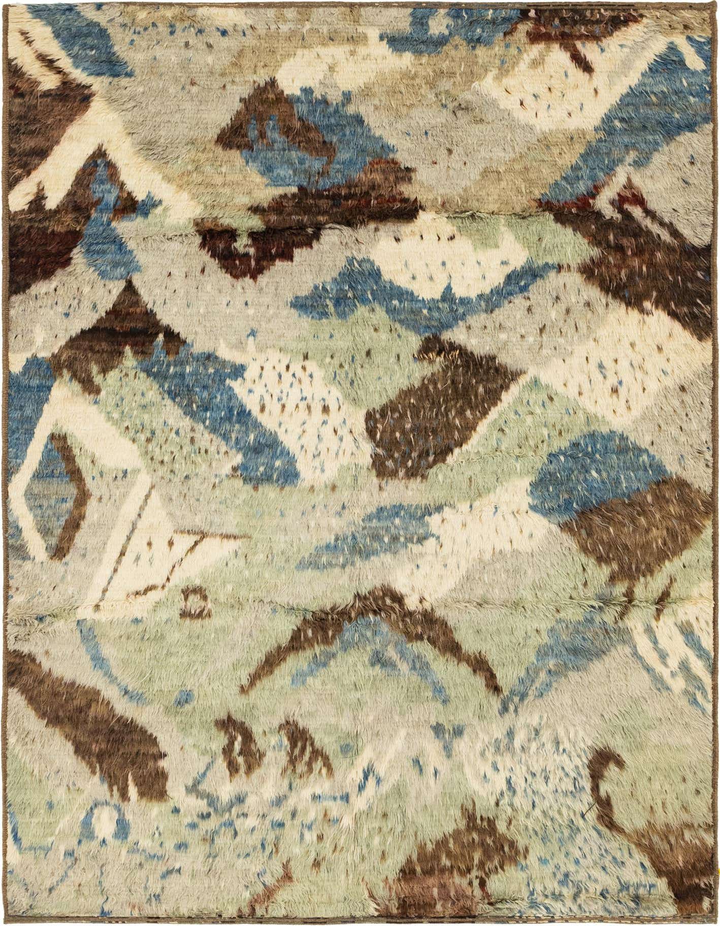 A rectangular 7x10 Darya Collection rug with a high pile, featuring an abstract pattern in multi-colored hues including blue, brown, cream, and green.