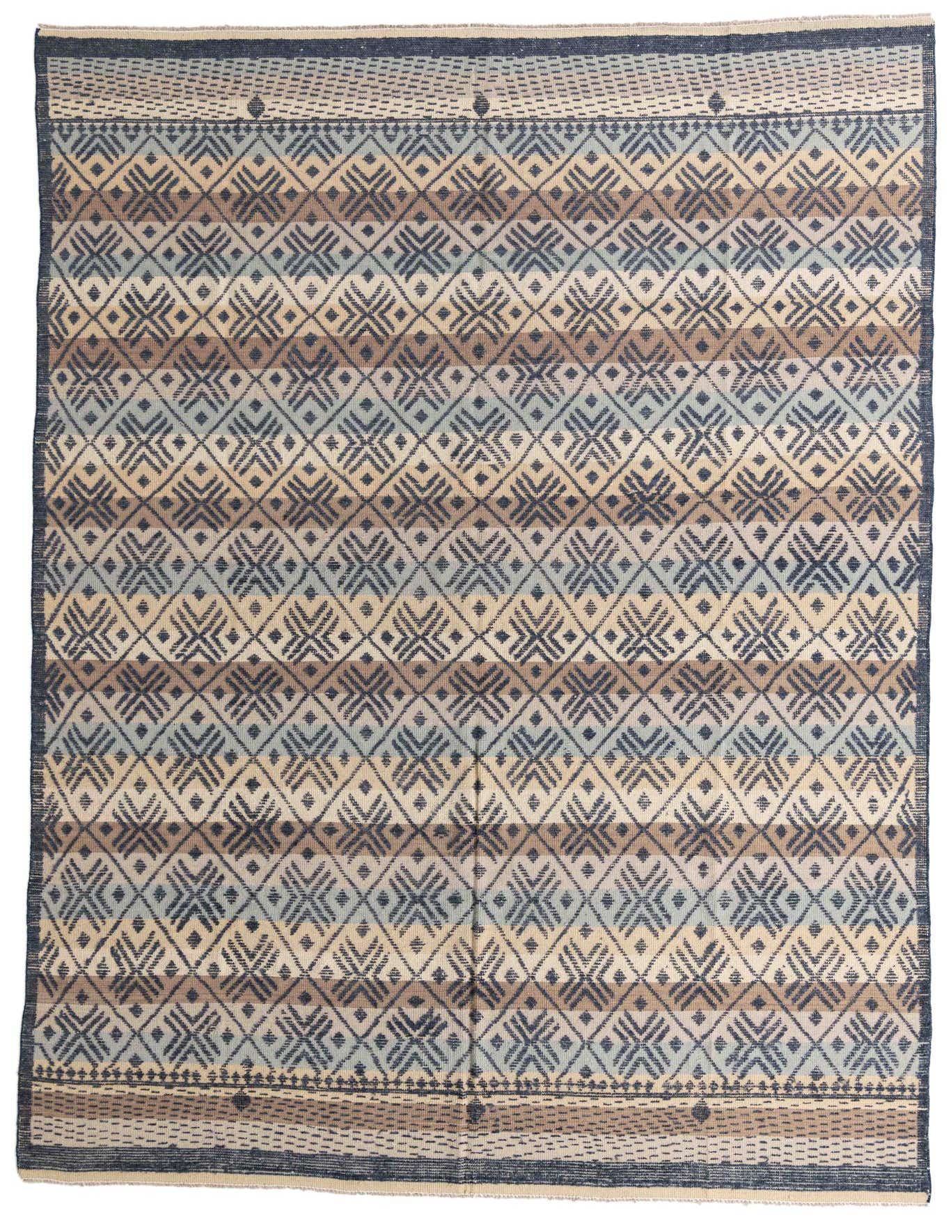 A 10x14 rectangular Darya Collection wool rug featuring a modern abstract pattern in multi-colored hues.