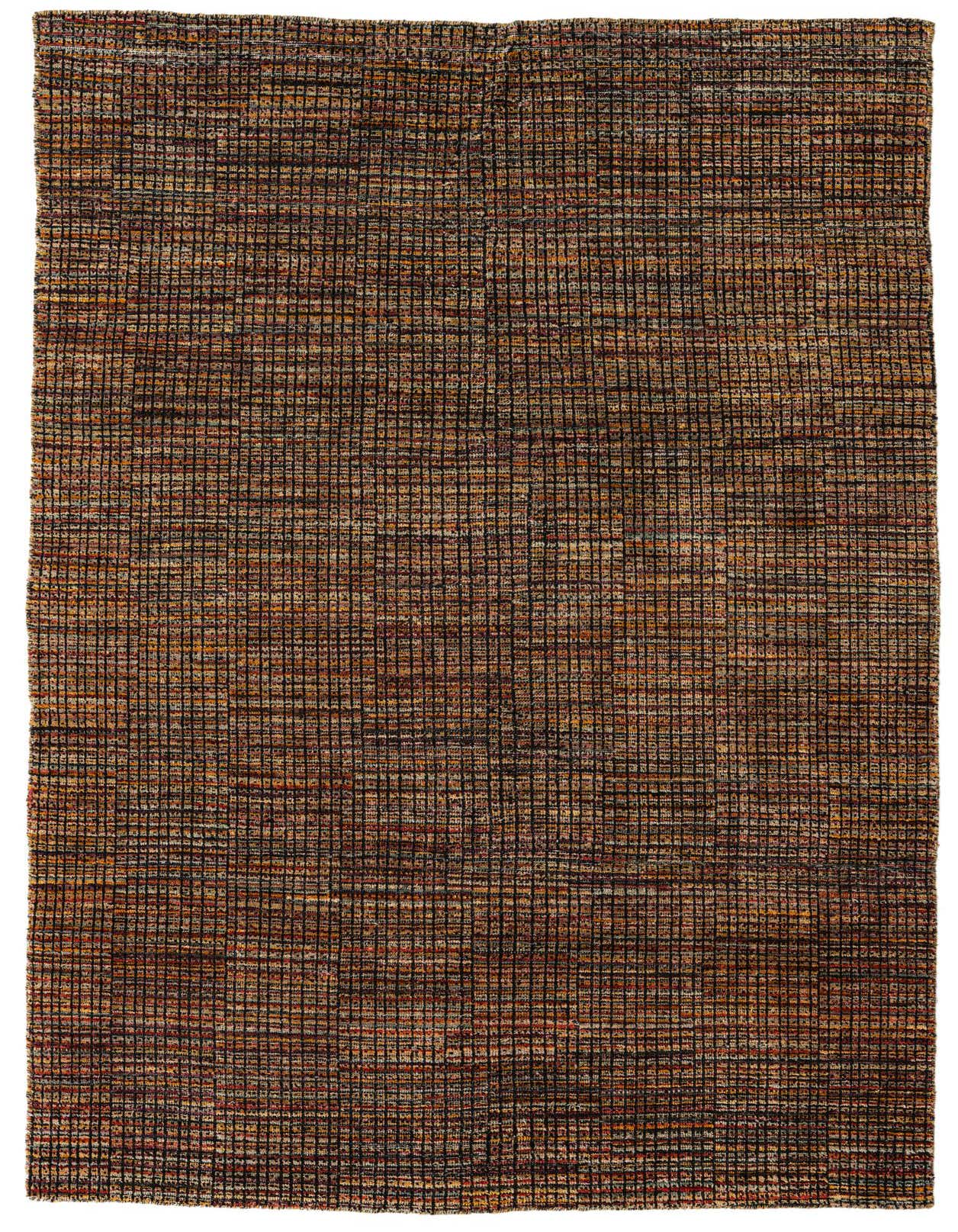 A 5x8 rectangular Darya rug with a modern, abstract grid pattern in multi-colored wool, featuring shades of brown, orange, and black.