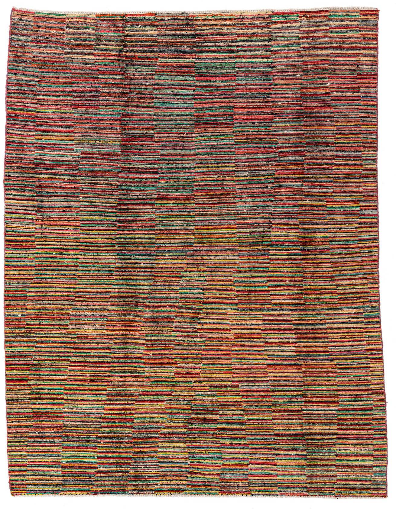 A 6x9 rectangular multi-colored wool rug with horizontal stripes in red, green, yellow, and black, perfect for a modern living room.