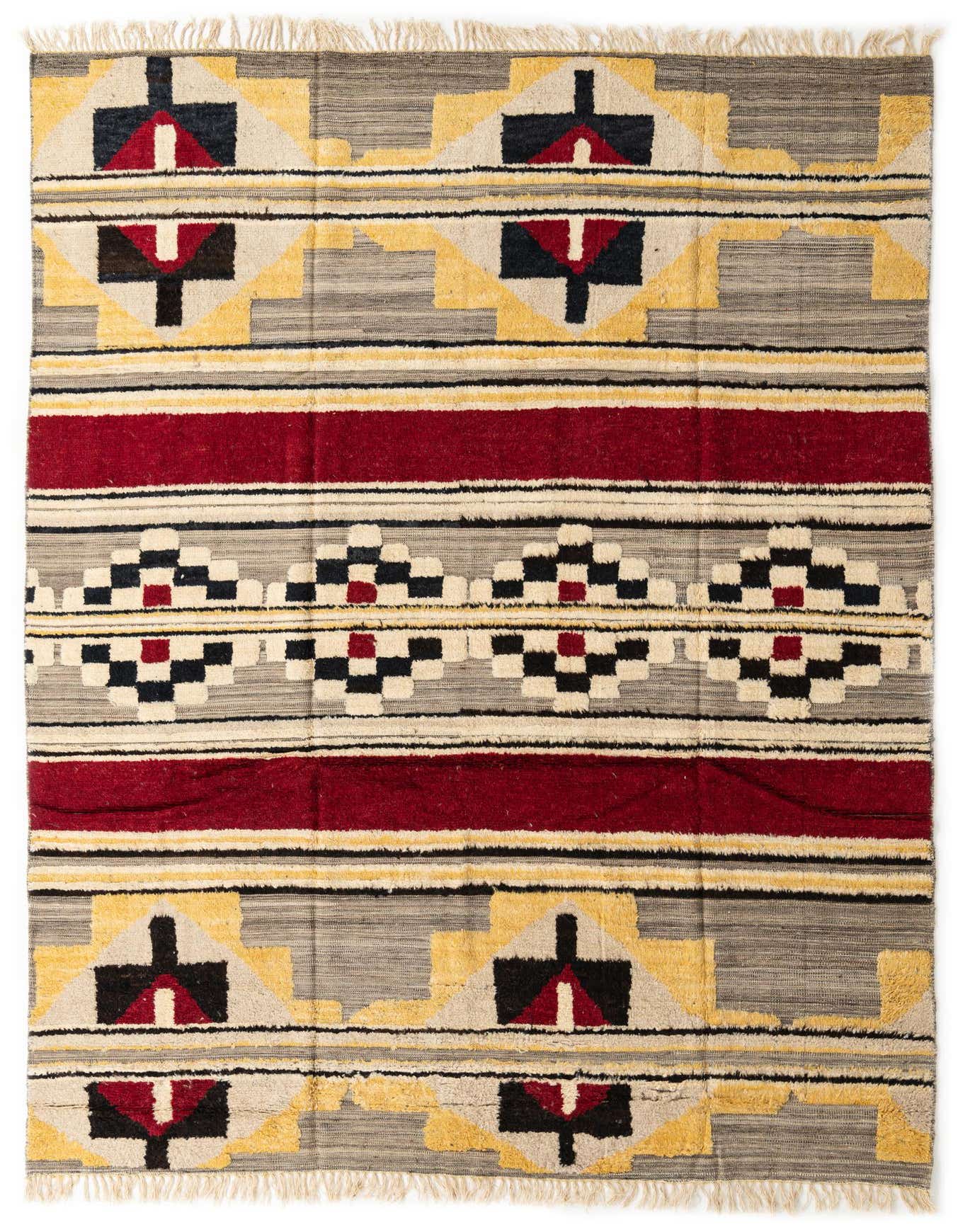 A 9x12 multi-colored rectangular wool rug with a modern abstract pattern featuring red, black, yellow, and cream geometric shapes on a grey background, suitable for a living room.