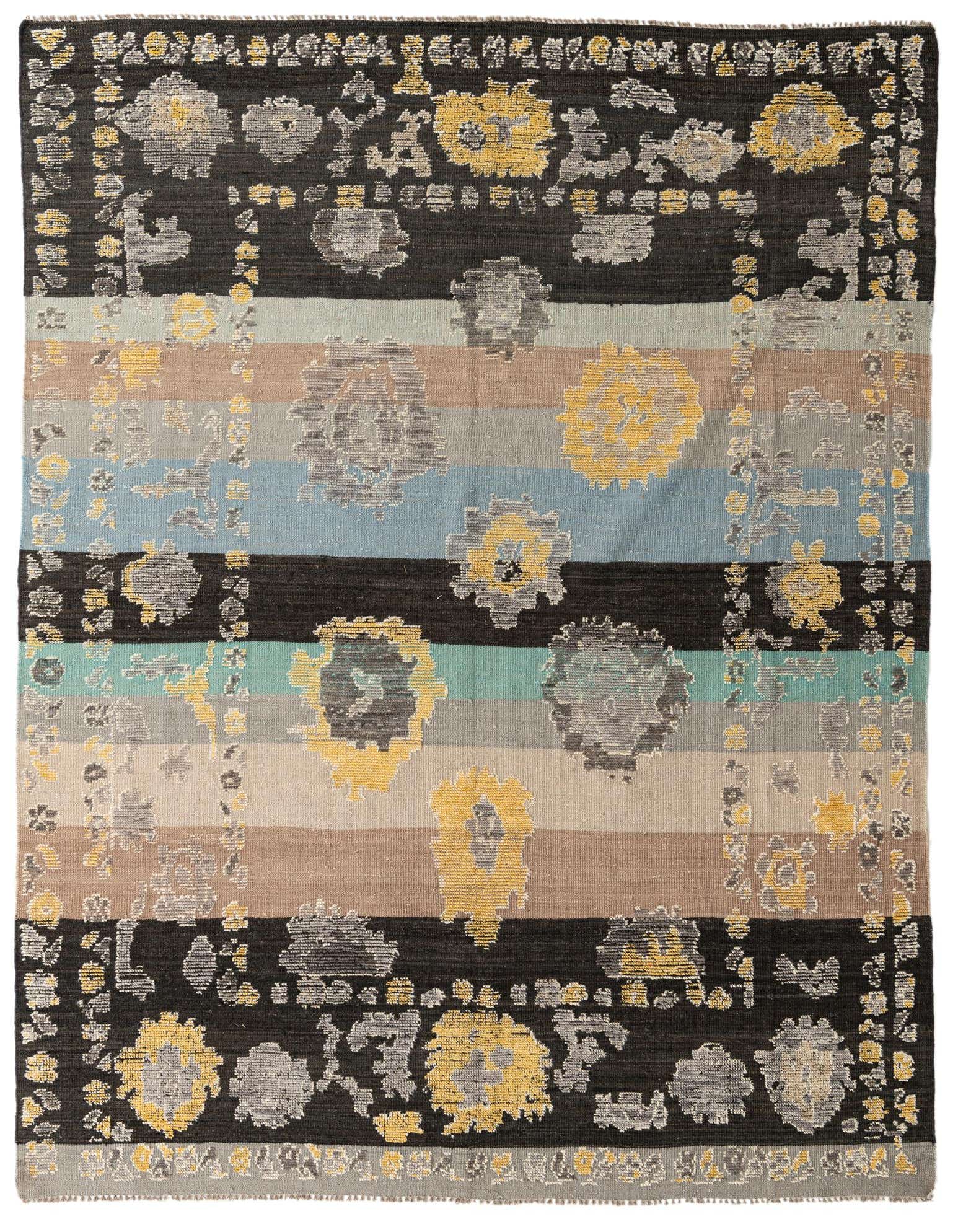 A rectangular 8x10 multi-colored modern wool rug featuring horizontal stripes in black, blue, brown, and grey, adorned with yellow and grey floral patterns.