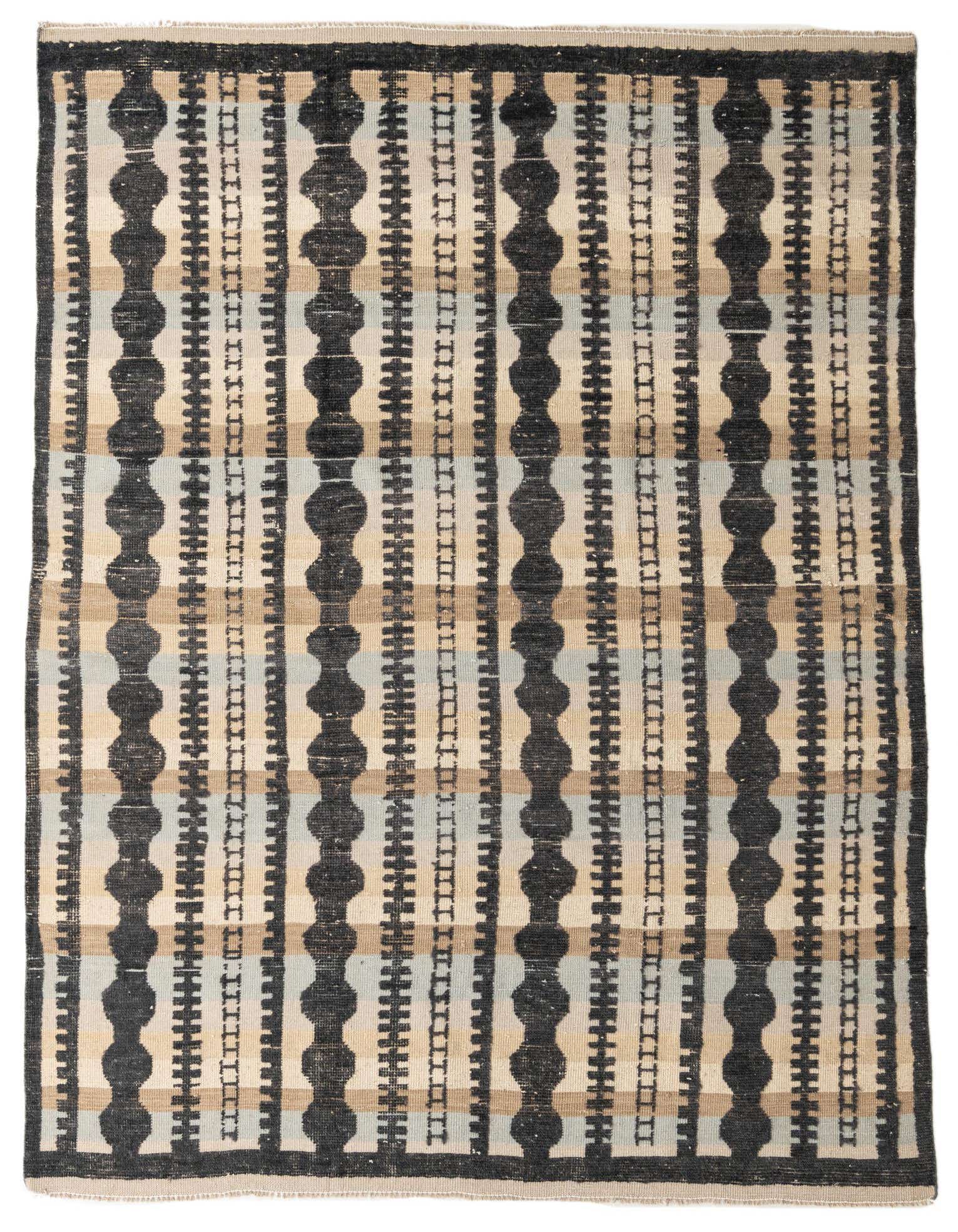 A rectangular 8x10 Darya rug with a modern abstract pattern in black, beige, and light blue, featuring vertical stripes.
