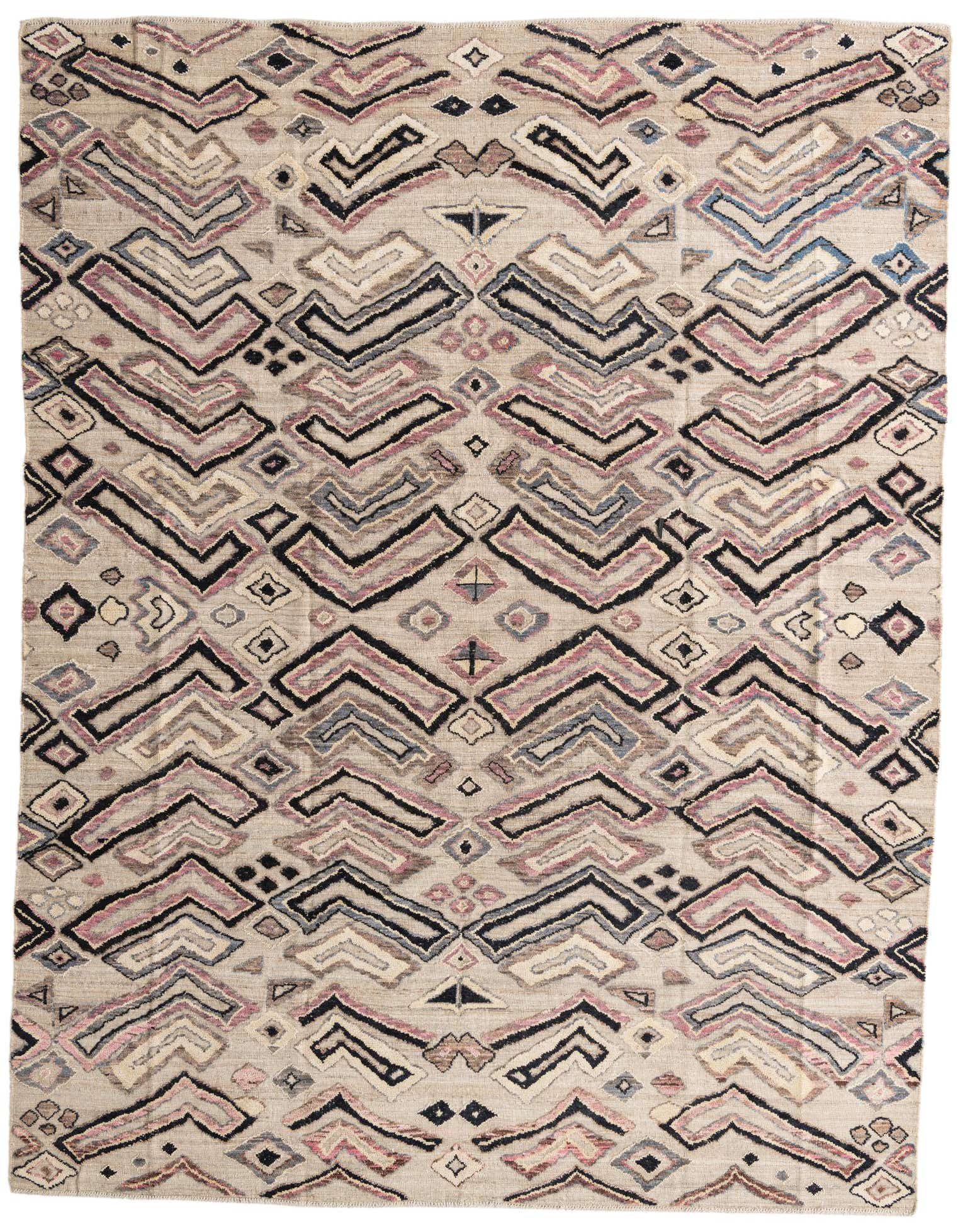 A 9x12 rectangular Darya rug featuring a modern, abstract pattern in multi-colored wool with high pile.