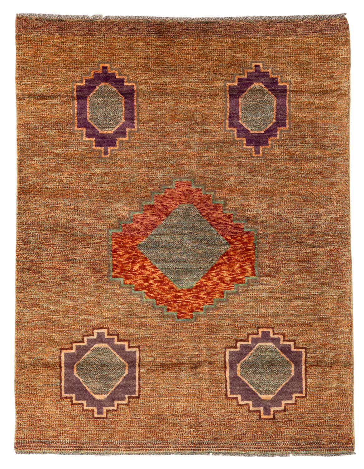 A 4x6 multi-colored wool rug with a modern abstract pattern, featuring a large central diamond and four smaller geometric shapes.