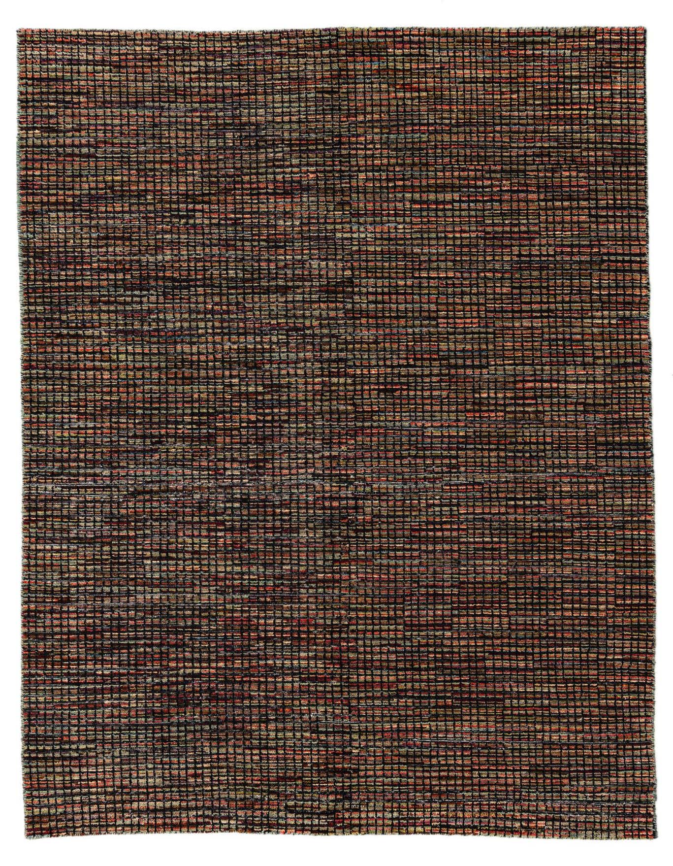 A 5x8 rectangular Darya rug with a multi-colored modern abstract pattern, featuring shades of brown, red, green, and black in a textured, high-pile wool weave.