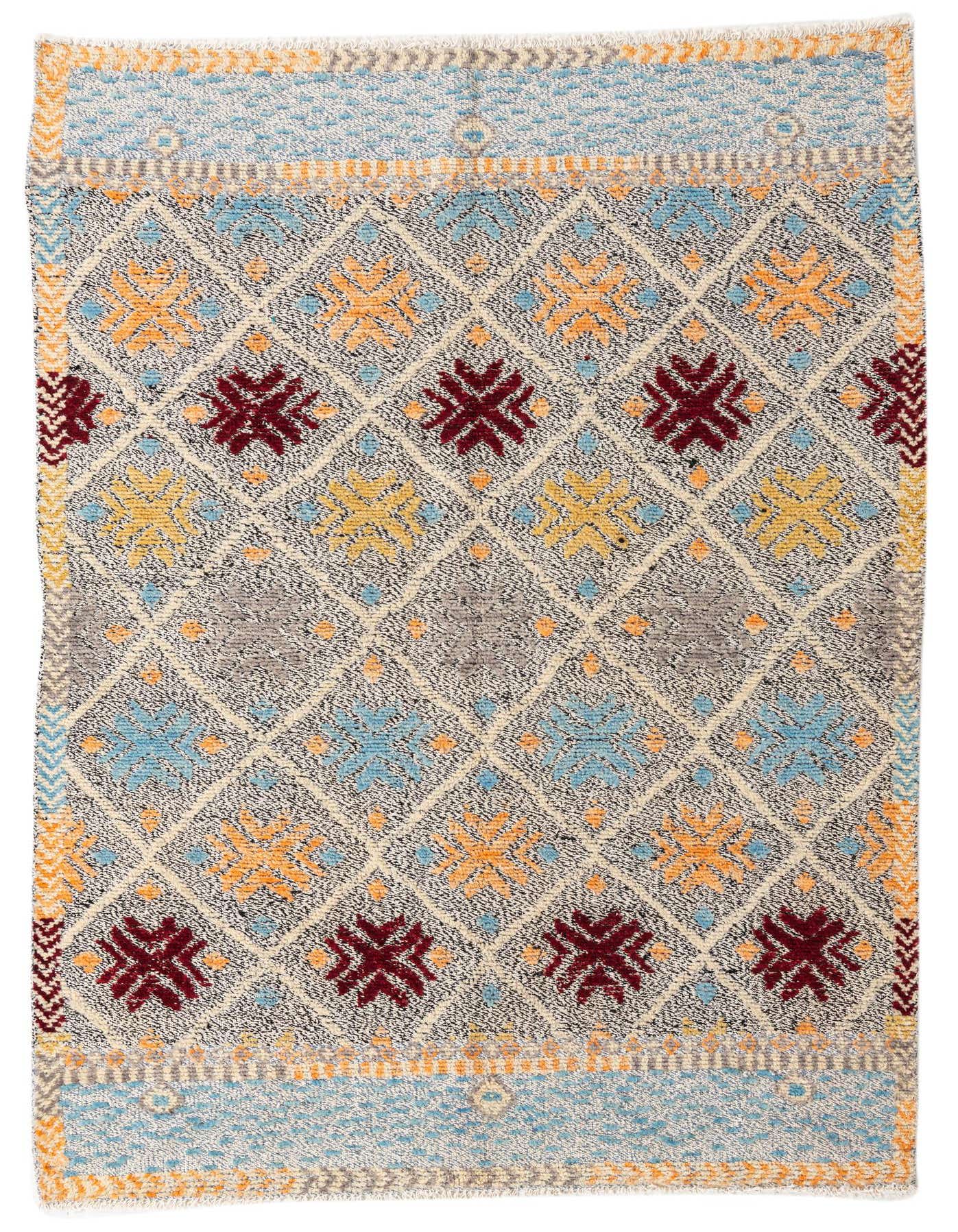 A 5x8 rectangular Darya rug with a multi-colored modern oriental abstract pattern, featuring various shapes in blue, orange, yellow, and burgundy on a textured gray and cream background.