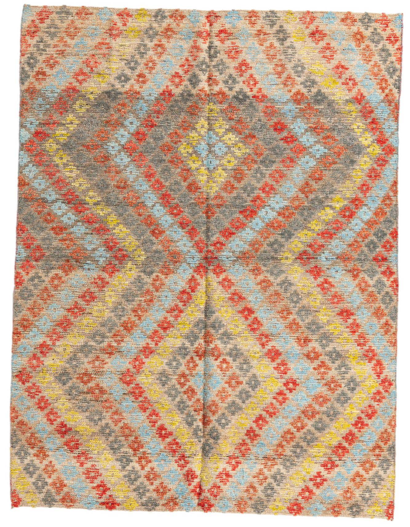 A 5x8 rectangular Darya rug featuring a multi-colored modern geometric pattern with red, blue, yellow, and grey diamonds on a light background.