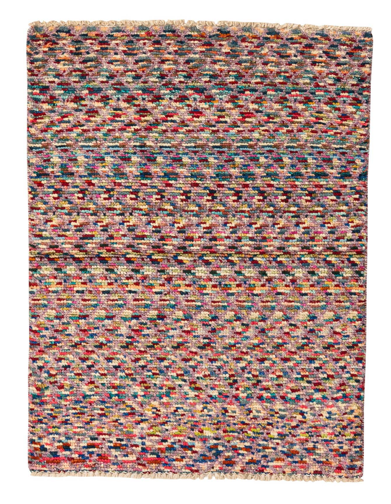 A 3x4 rectangular multi-colored wool rug with a high pile and abstract pattern, ideal for indoor spaces.