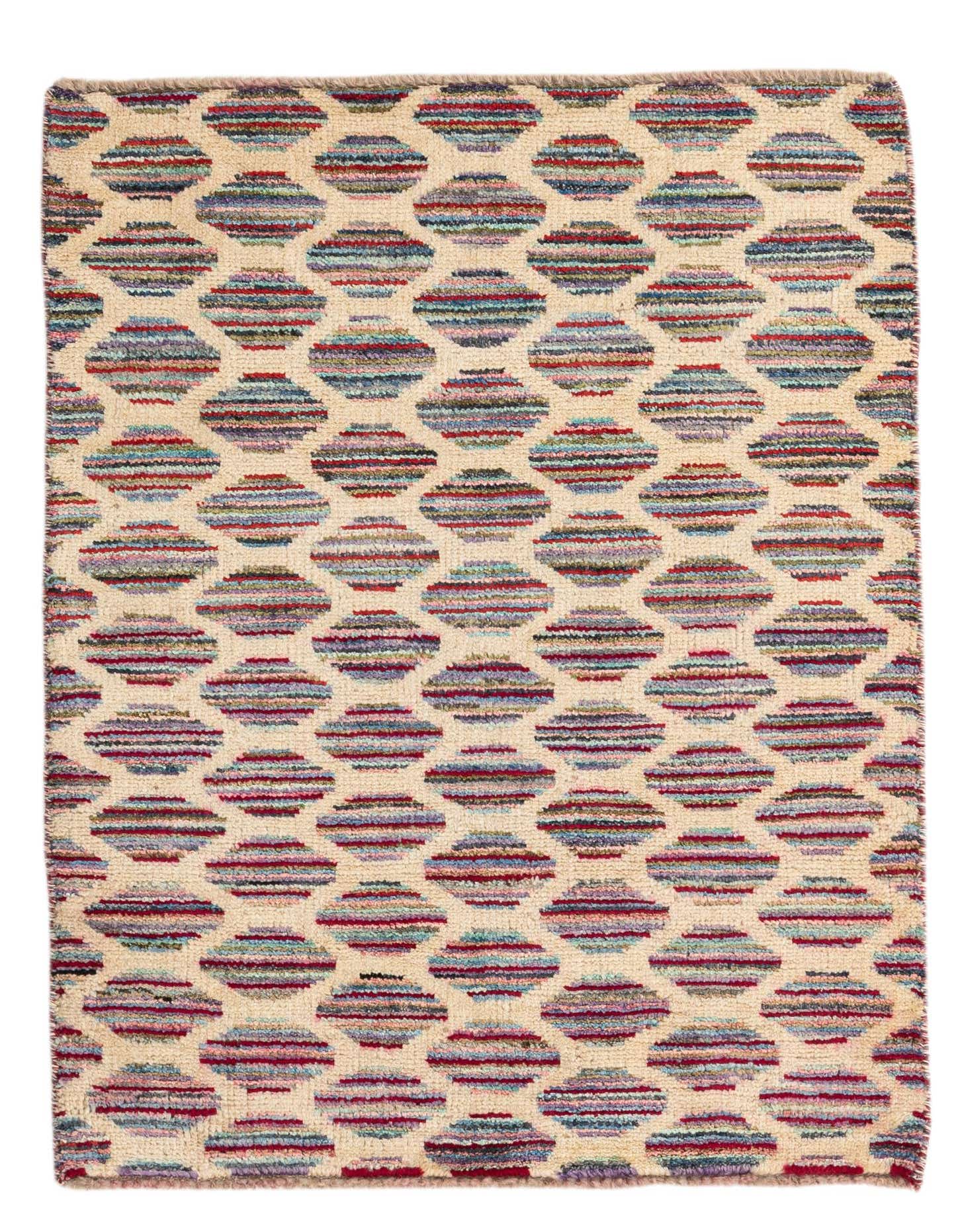 A 3x4 rectangular Darya rug featuring a multi-colored abstract pattern of horizontal stripes within oval shapes on a cream background.