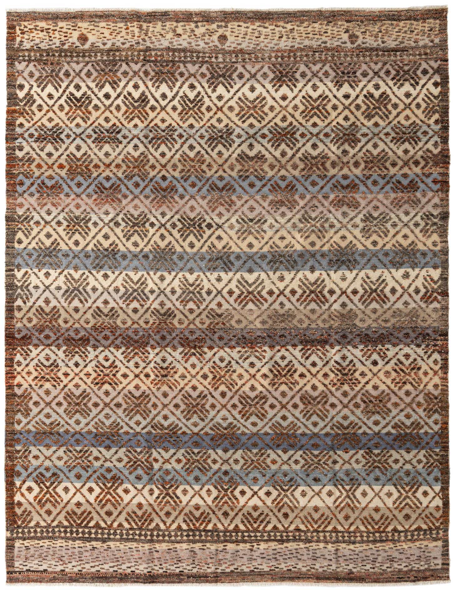A 9x12 rectangular Darya rug with a modern, multi-colored geometric pattern in warm browns, creams, and cool blue stripes.