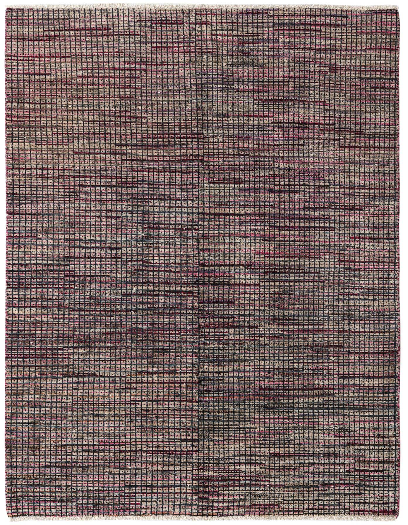 A 5x8 rectangular Darya rug featuring a modern, abstract grid pattern in multi-colored wool with high pile.