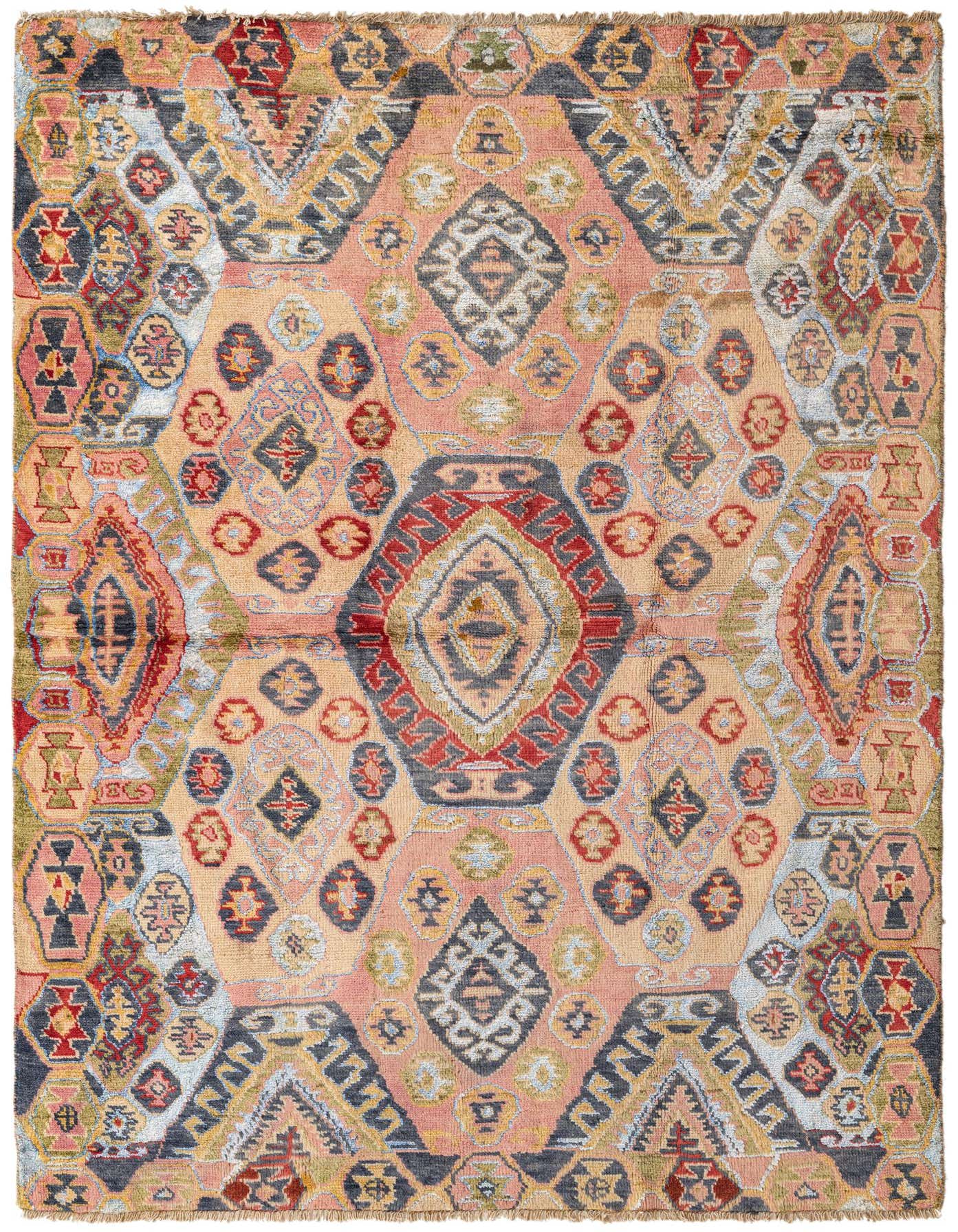 A 5x8 rectangular Darya rug with a multi-colored modern abstract pattern in wool and silk, perfect for a living room.