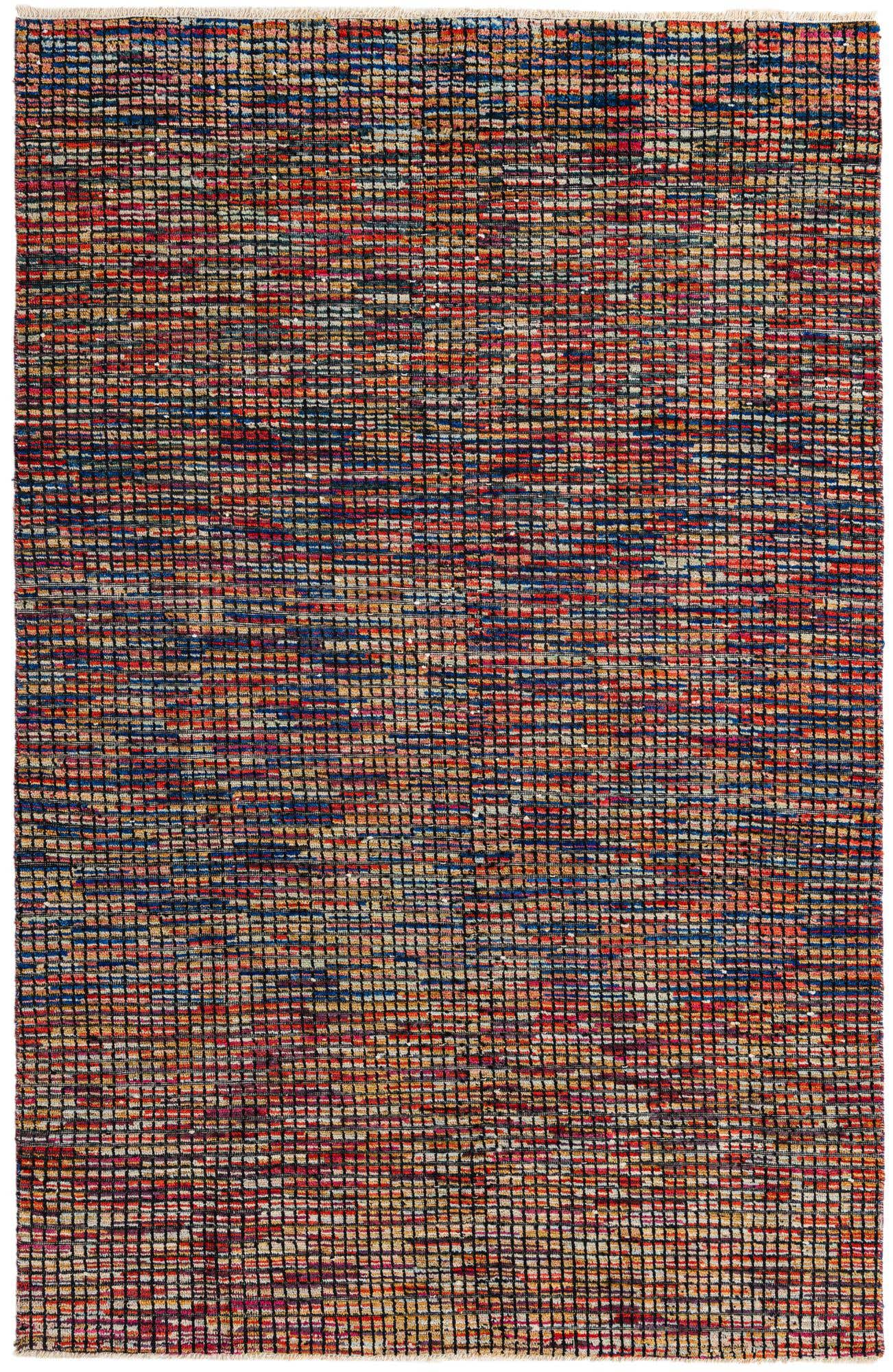 A 6x9 rectangular multi-colored wool rug with a textured modern abstract pattern, ideal for a living room.