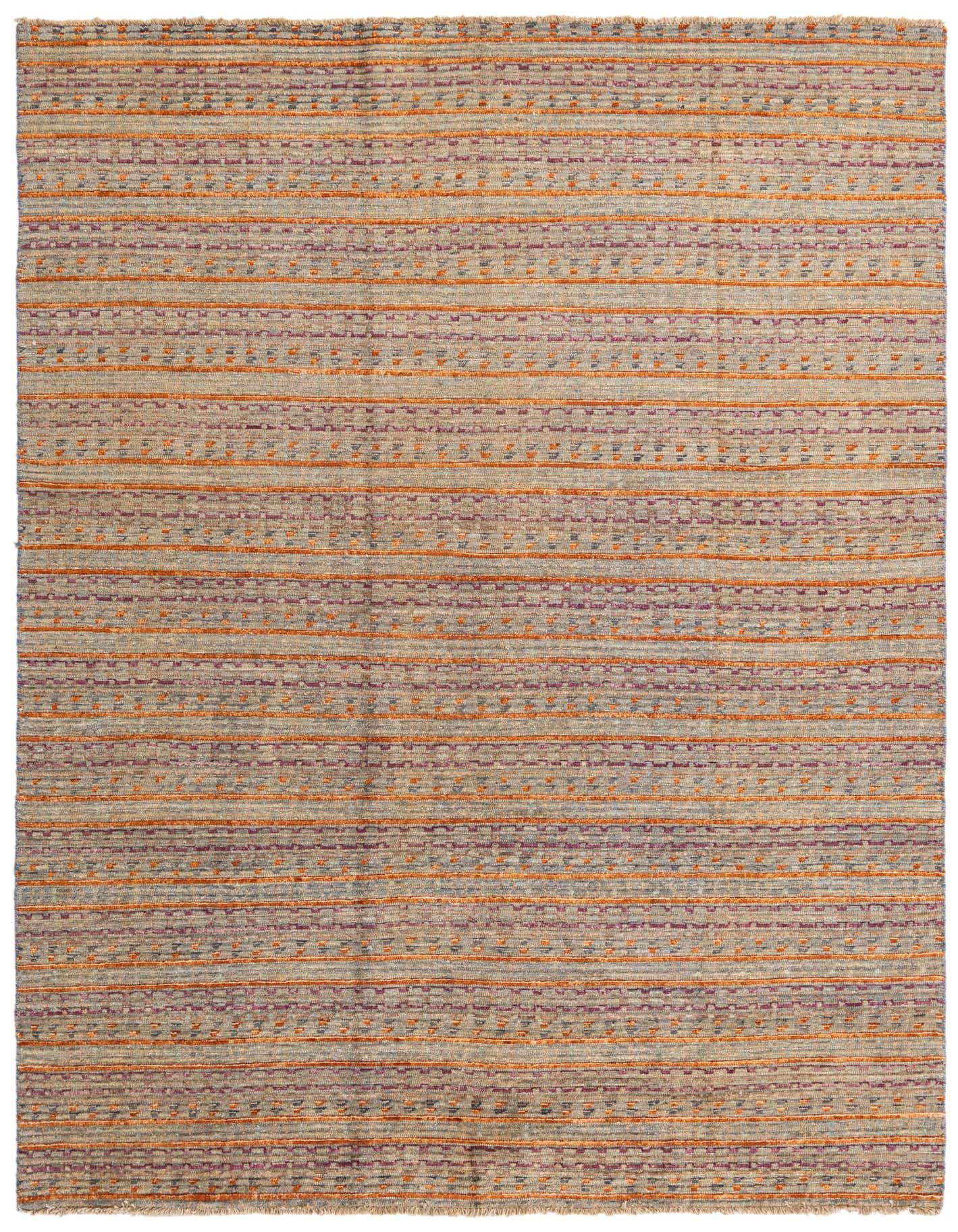 A 5x8 rectangular Darya rug with multi-colored stripes and geometric patterns, crafted from 100% wool.