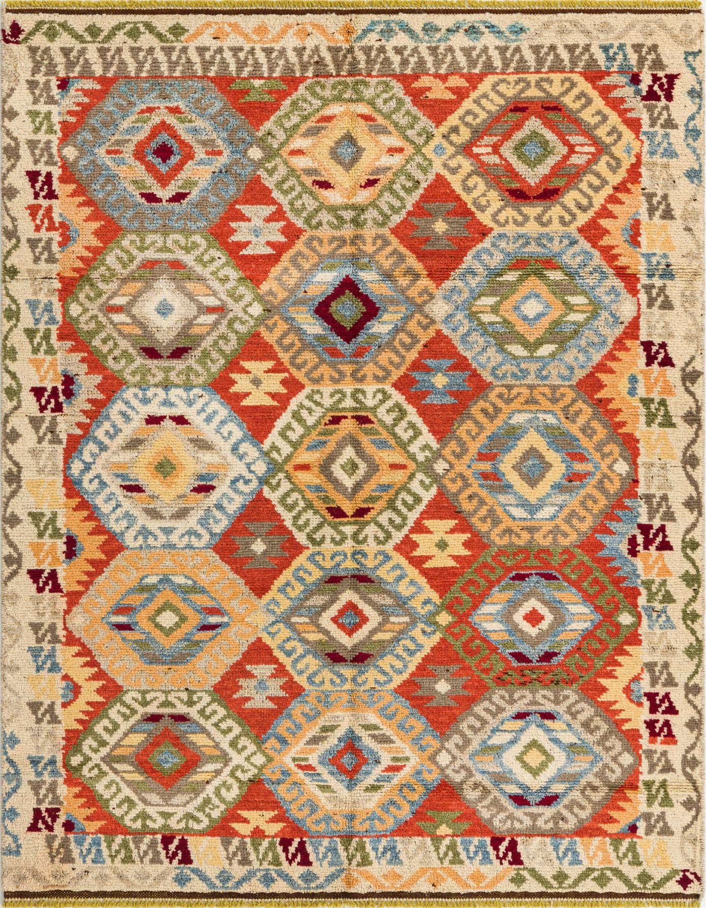 A 5x8 rectangular Darya rug with a multi-colored modern geometric pattern, featuring diamonds and tribal motifs on a red and beige background.
